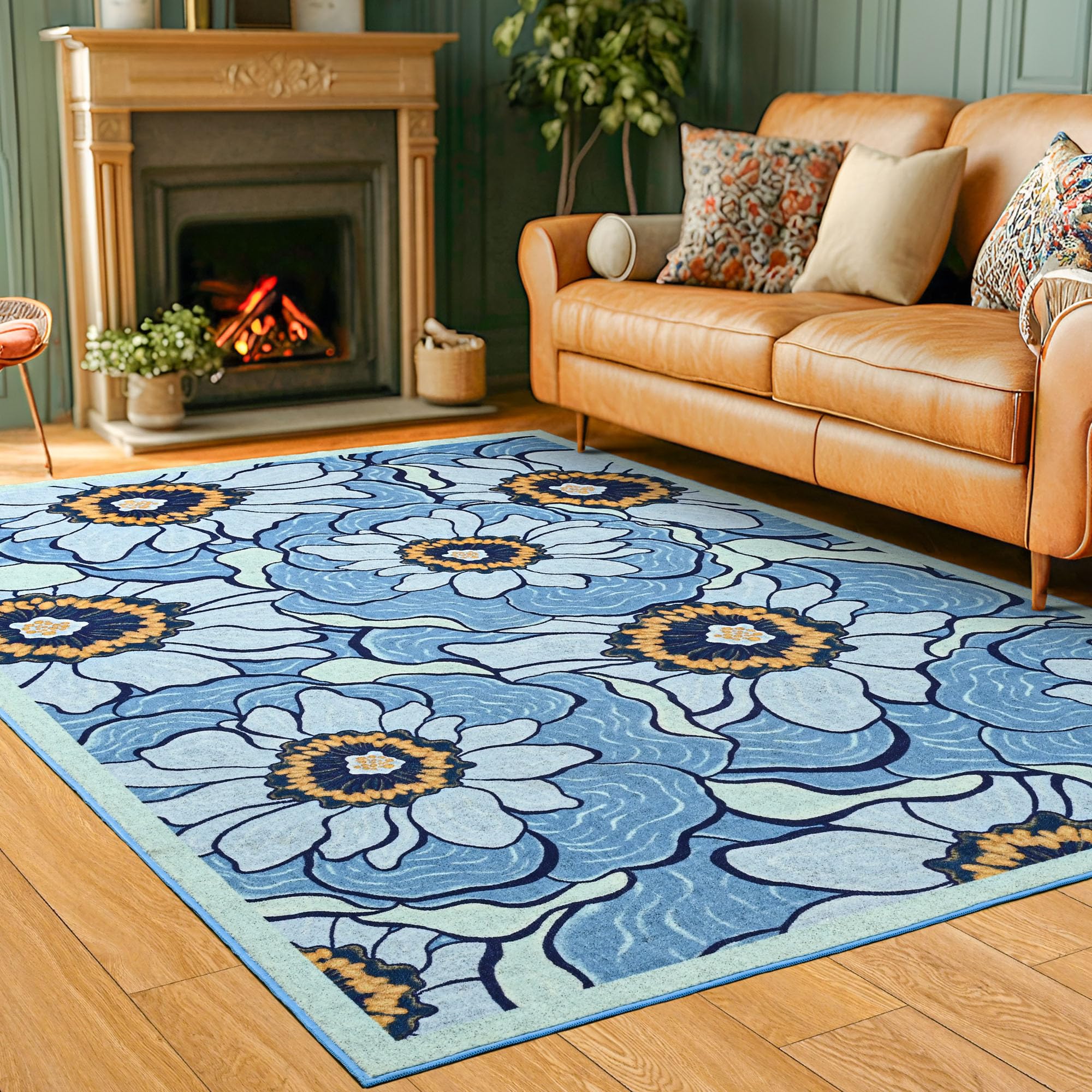 Faux Wool Boho Floral Area Rug Abstract Print Soft Carpet, TPR Non-Slip Backing, Machine Washable Low Pile Rug