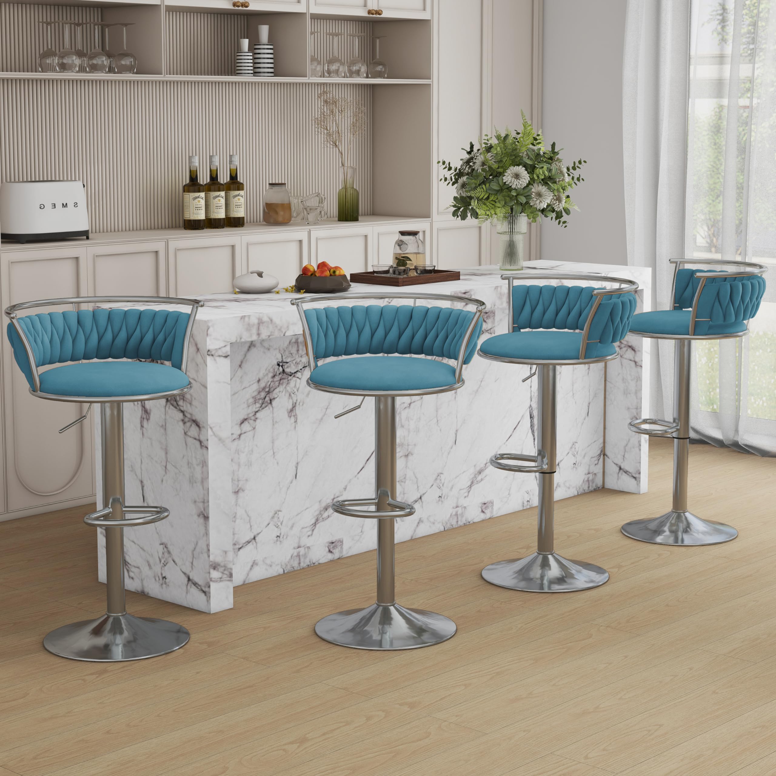 Velvet Swivel Bar Stools, Adjustable Counter Height Bar Chairs with Low Back & Footrest, Modern Gold Bar Stools for Kitchen Island, Bar Pub