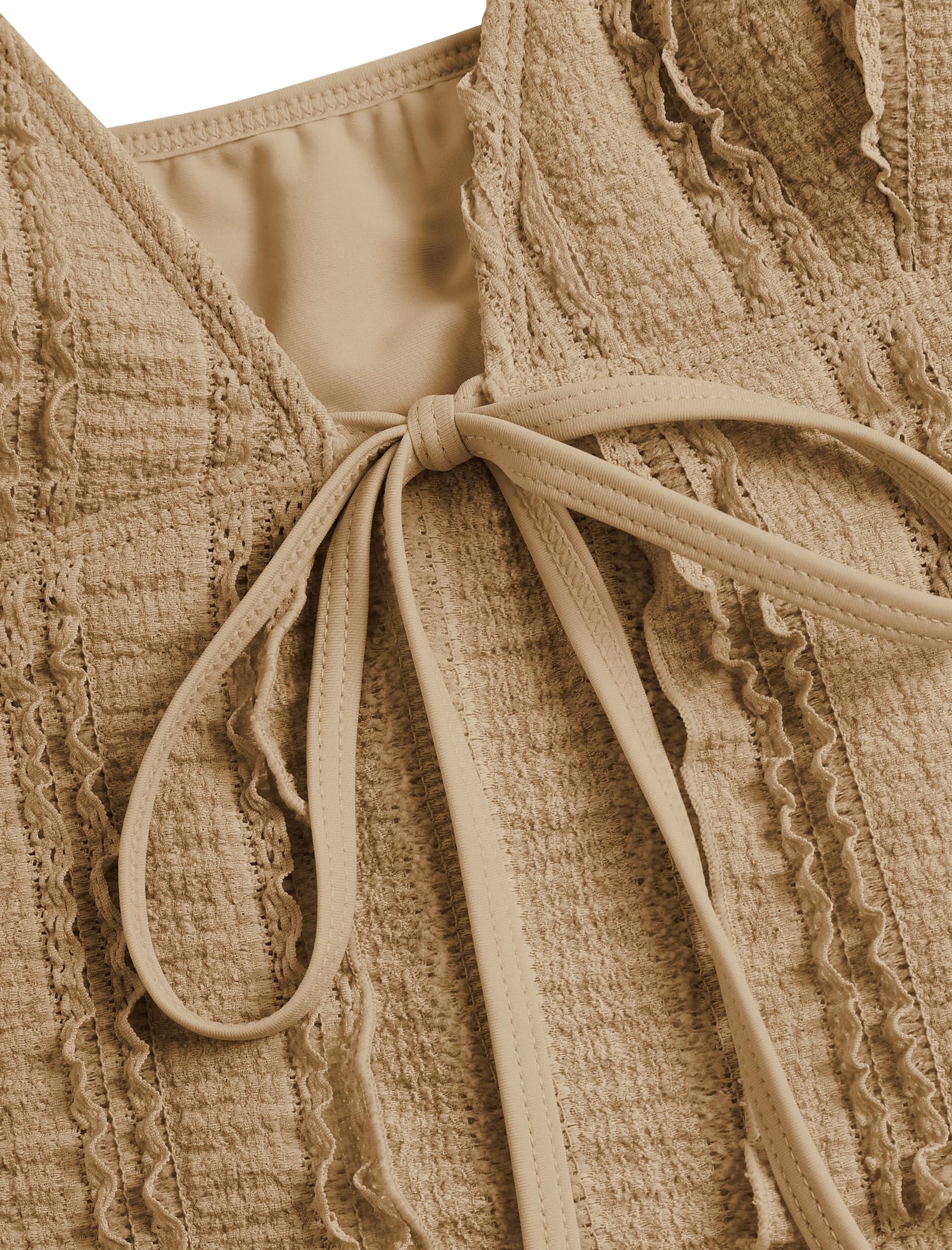 Tankini Swimsuits for Women Smocked Ruffles Tie Front Bowknot Textured High Cut Tanga Tankini Set