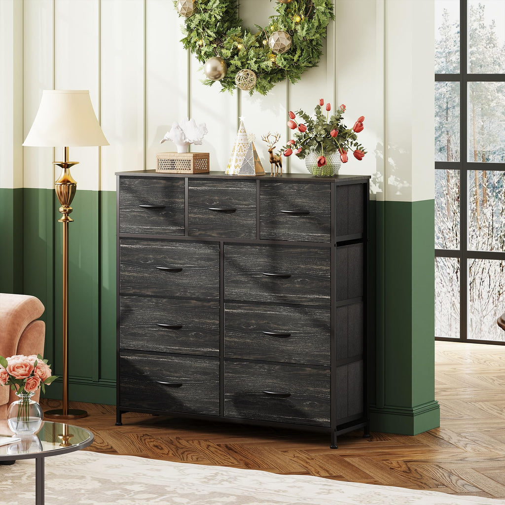 Drawer Fabric 9 Dresser â€?Tall Storage Tower with Bins, Steel Frame, and Wood Top