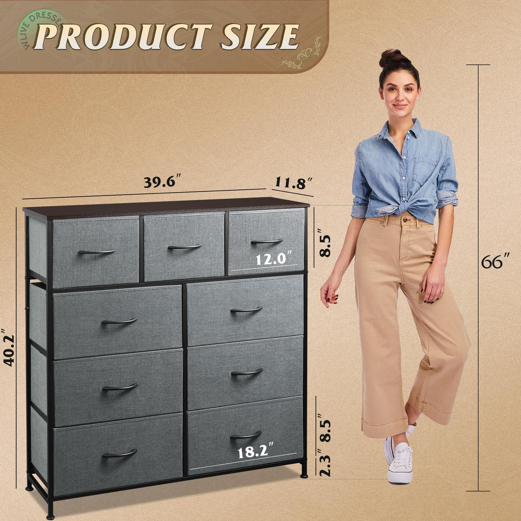 Drawer Fabric 9 Dresser â€?Tall Storage Tower with Bins, Steel Frame, and Wood Top