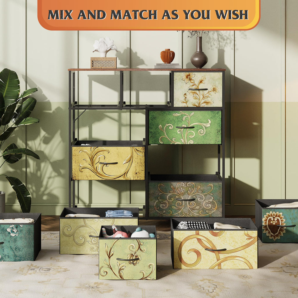 Drawer Fabric 9 Dresser â€?Tall Storage Tower with Bins, Steel Frame, and Wood Top