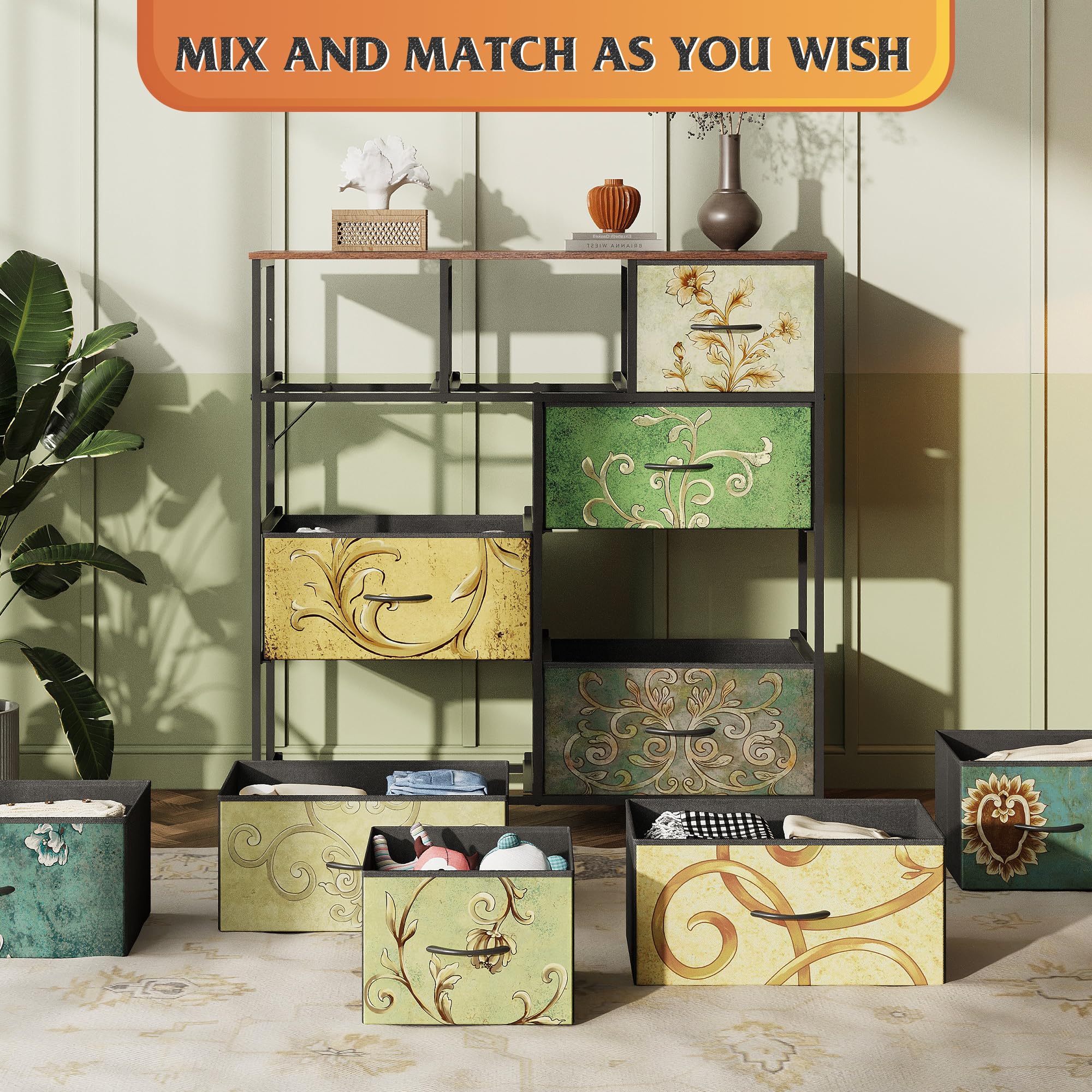 Drawer Fabric 9 Dresser â€?Tall Storage Tower with Bins, Steel Frame, and Wood Top