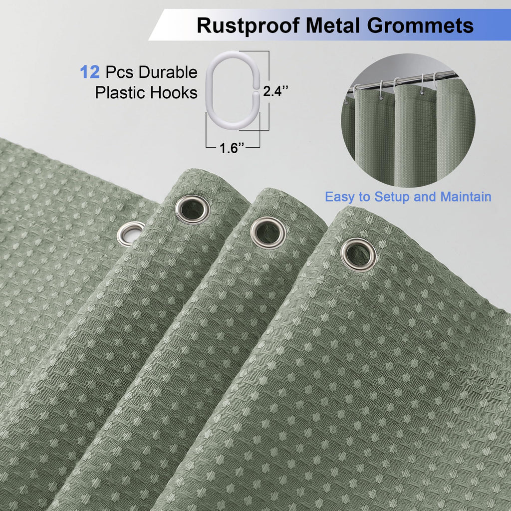 Waffle Textured Heavy Duty Fabric Shower Curtain for Bathroom, Luxury Hotel Weighted 230GSM Bath Curtain with 12 Plastic Hooks, Machine Washable, 72x72