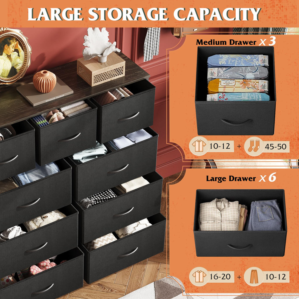 Drawer Fabric 9 Dresser â€?Tall Storage Tower with Bins, Steel Frame, and Wood Top
