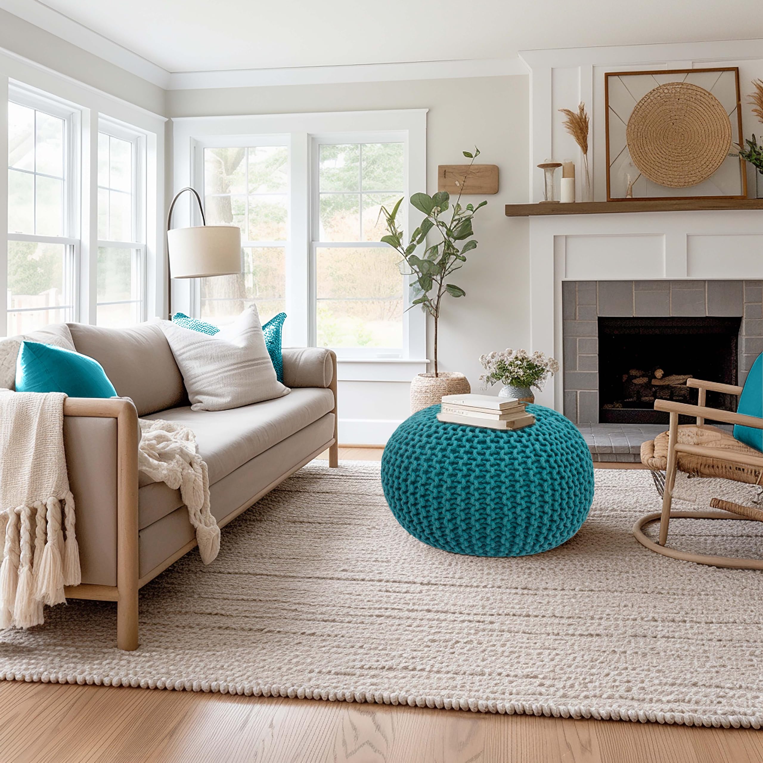 Hand-Knitted Cotton Round Pouf â€?Braid Cord Ottoman, Footrest, and Accent Seat for Living Room, Nursery, Kids Room, or Dorm Décor â€?20x14