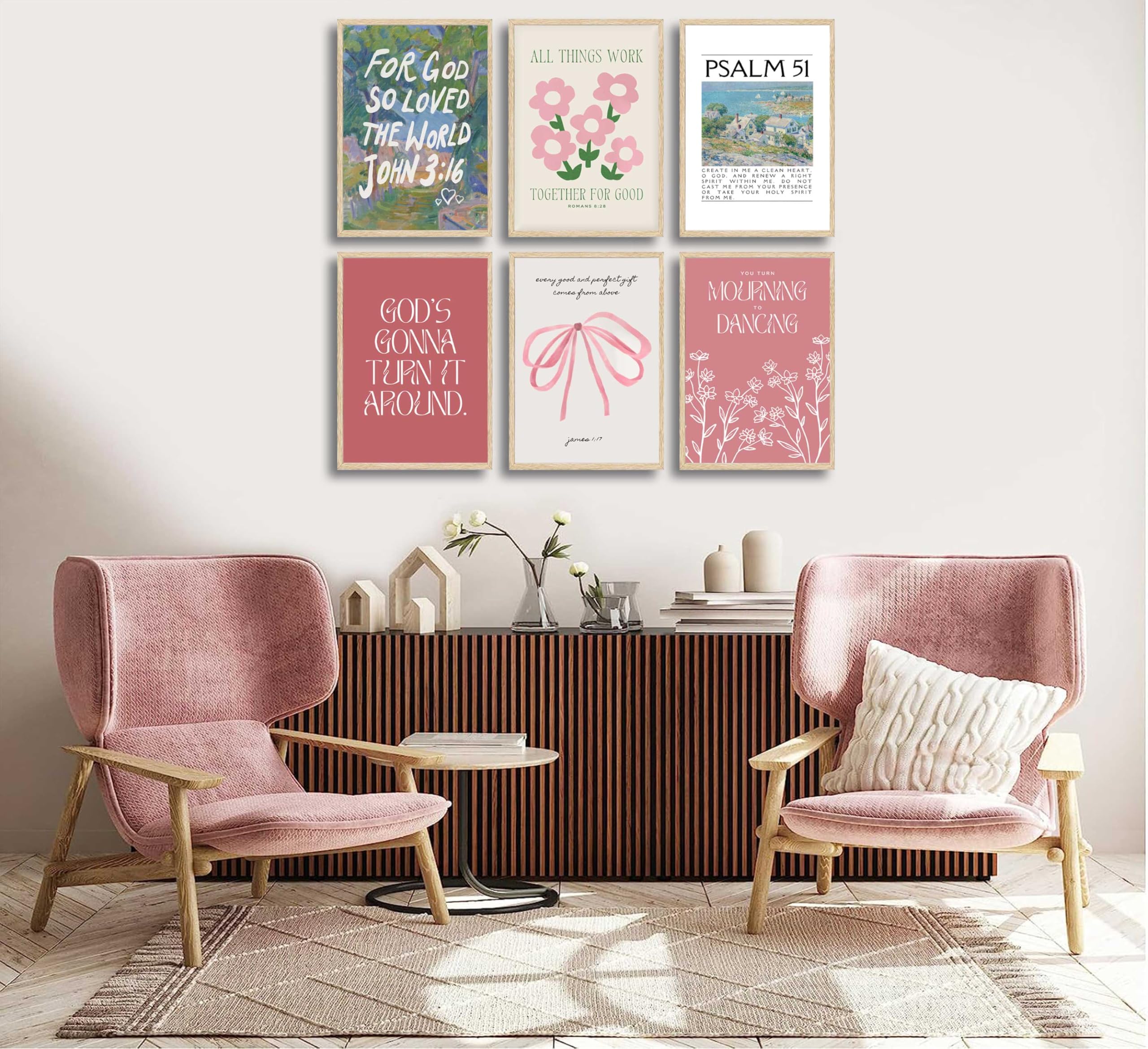 Wall Art Pink Bow Verse Canvas Paintings Decor 6Pcs