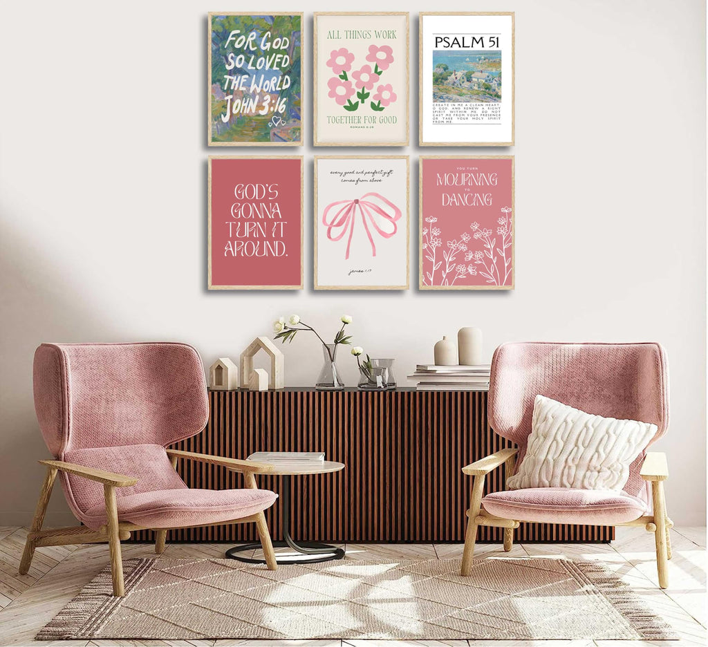 Wall Art Pink Bow Verse Canvas Paintings Decor 6Pcs