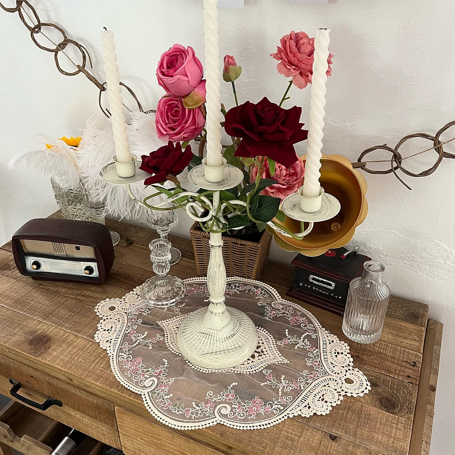 Vintage Beige Oval Lace Table Placemats, Exquisite Flower Embroidered Doilies Vase Mat, 12 X 18 Inch