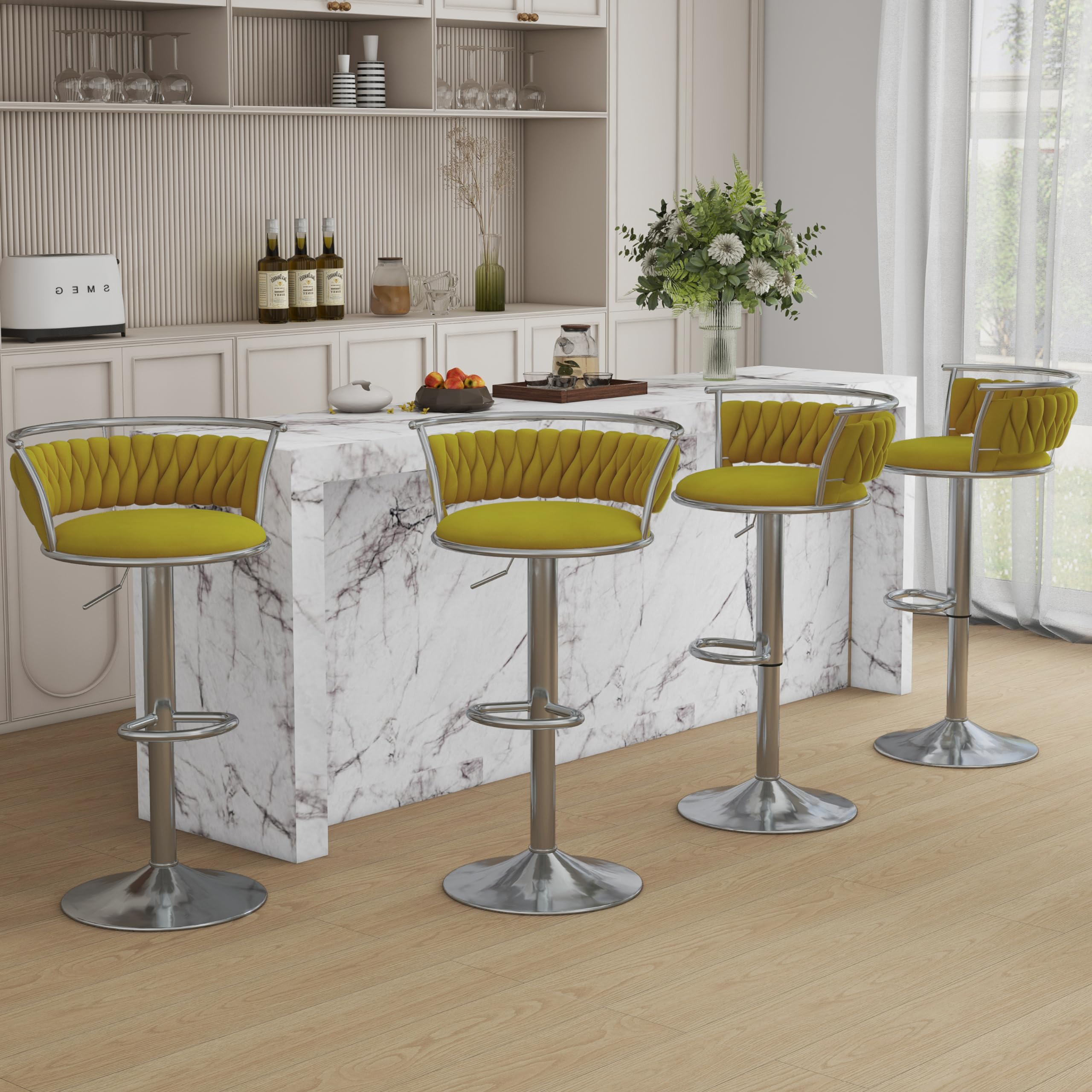 Velvet Swivel Bar Stools, Adjustable Counter Height Bar Chairs with Low Back & Footrest, Modern Gold Bar Stools for Kitchen Island, Bar Pub