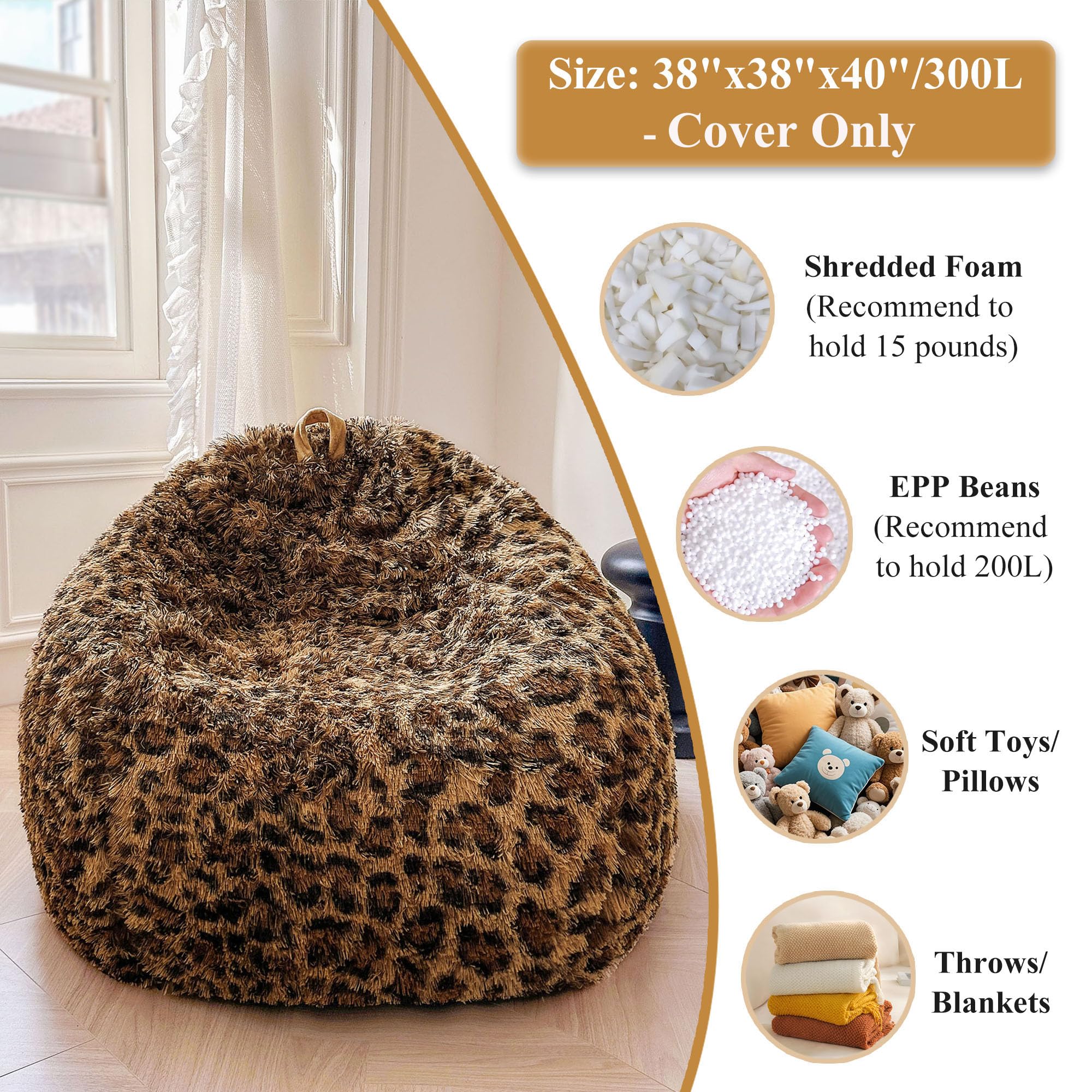 Faux Fur Leopard Print Bean Bag Chair Cover (No Filler), Fluffy Stuffed Animal Storage Cheetah Bean Bag Home Decor, Furry Fuzzy Big Beanbag Cover, Anti-Slip