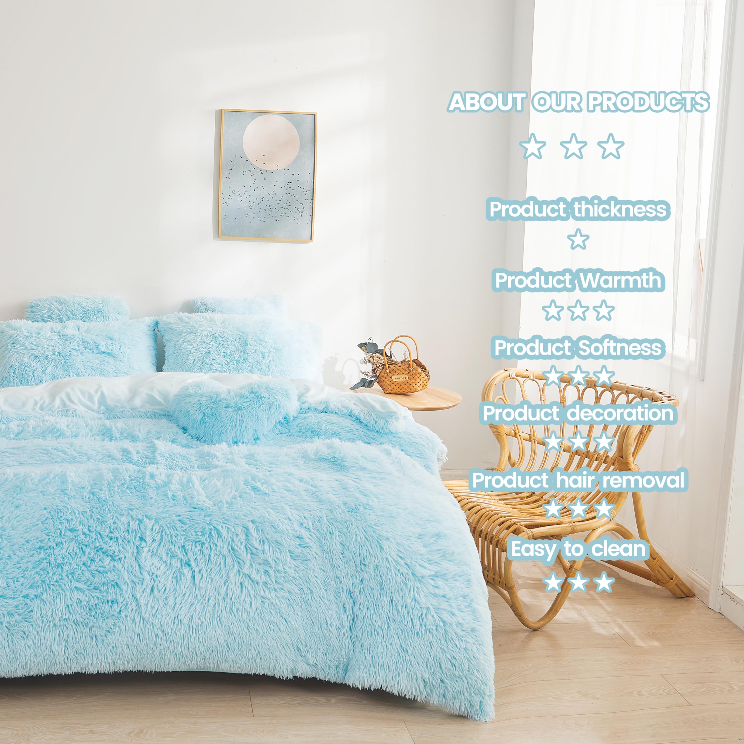Fluffy Faux Fur Comforter Cover Set Queen - Ultra Soft Plush Bedding Sets 3 Pieces (1 Fluffy Duvet Cover + 2 Faux Fur Pillow case) Cute Bed Set