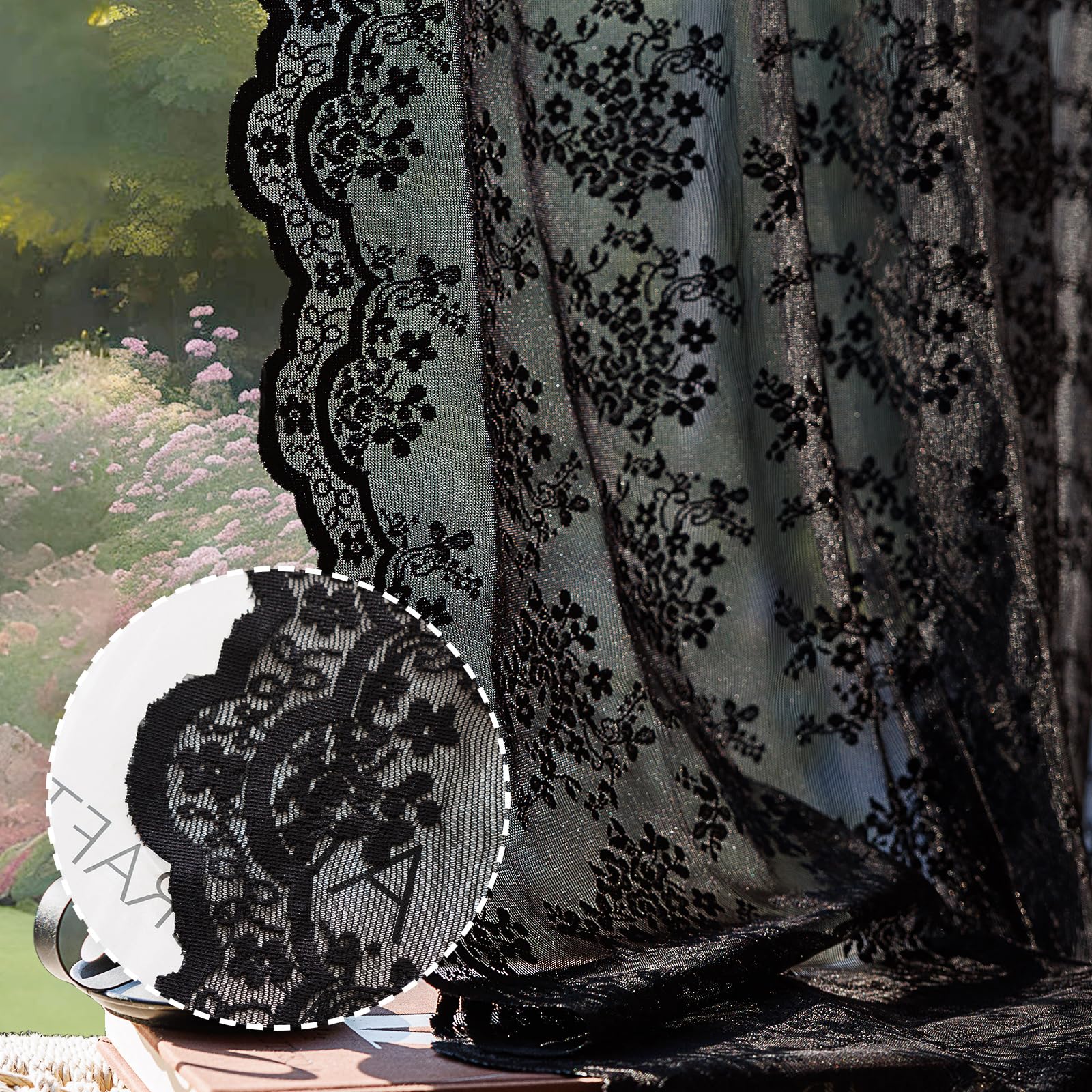 Vintage Lace Curtains, Romantic Semi Sheer Floral Lacy Curtains with Bow Curtain Ties