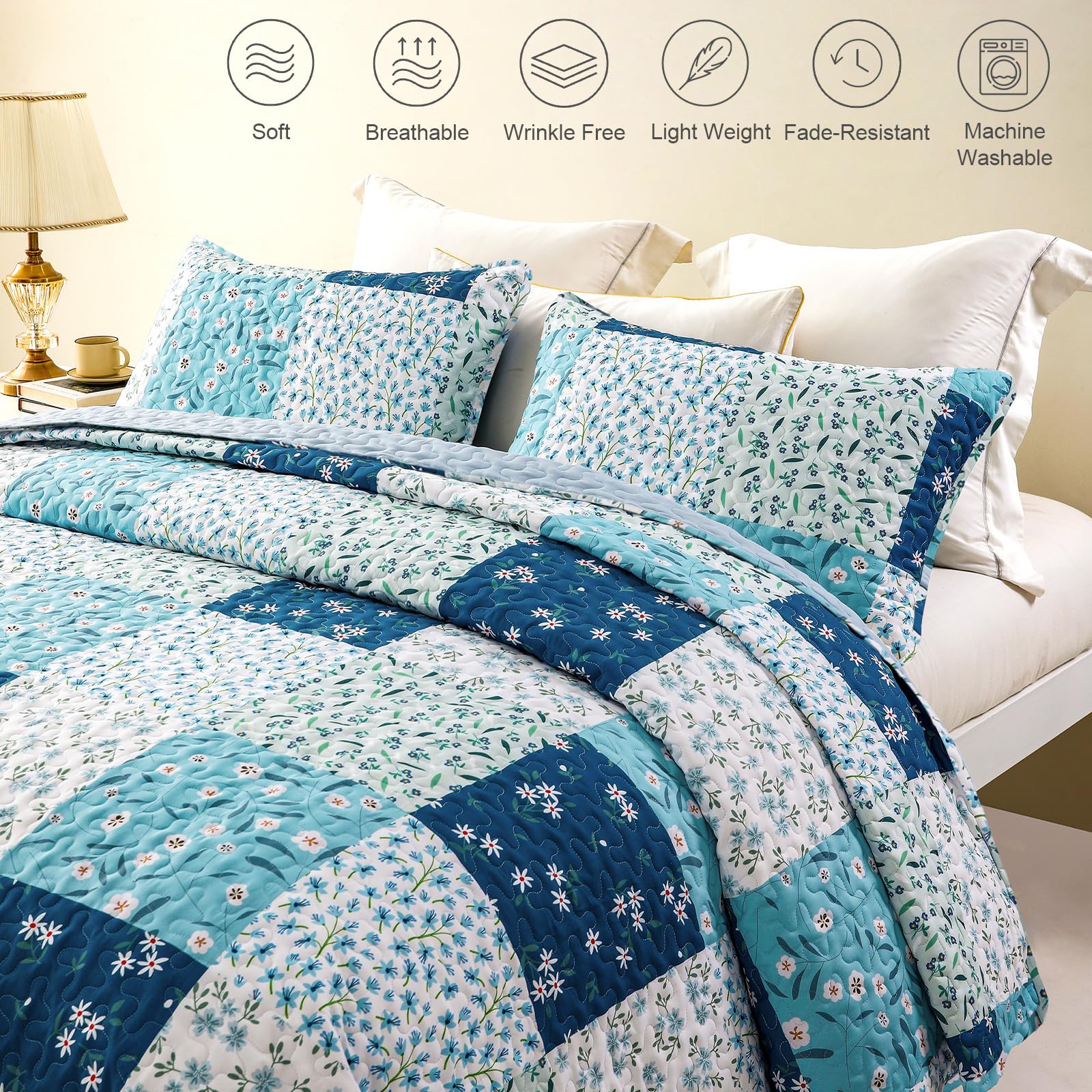 Reversible Patchwork Quilts Full Size, Lightweight Boho Printed Bedspreads Coverlets Quilt Bedding Set with 2 Pillow Shams