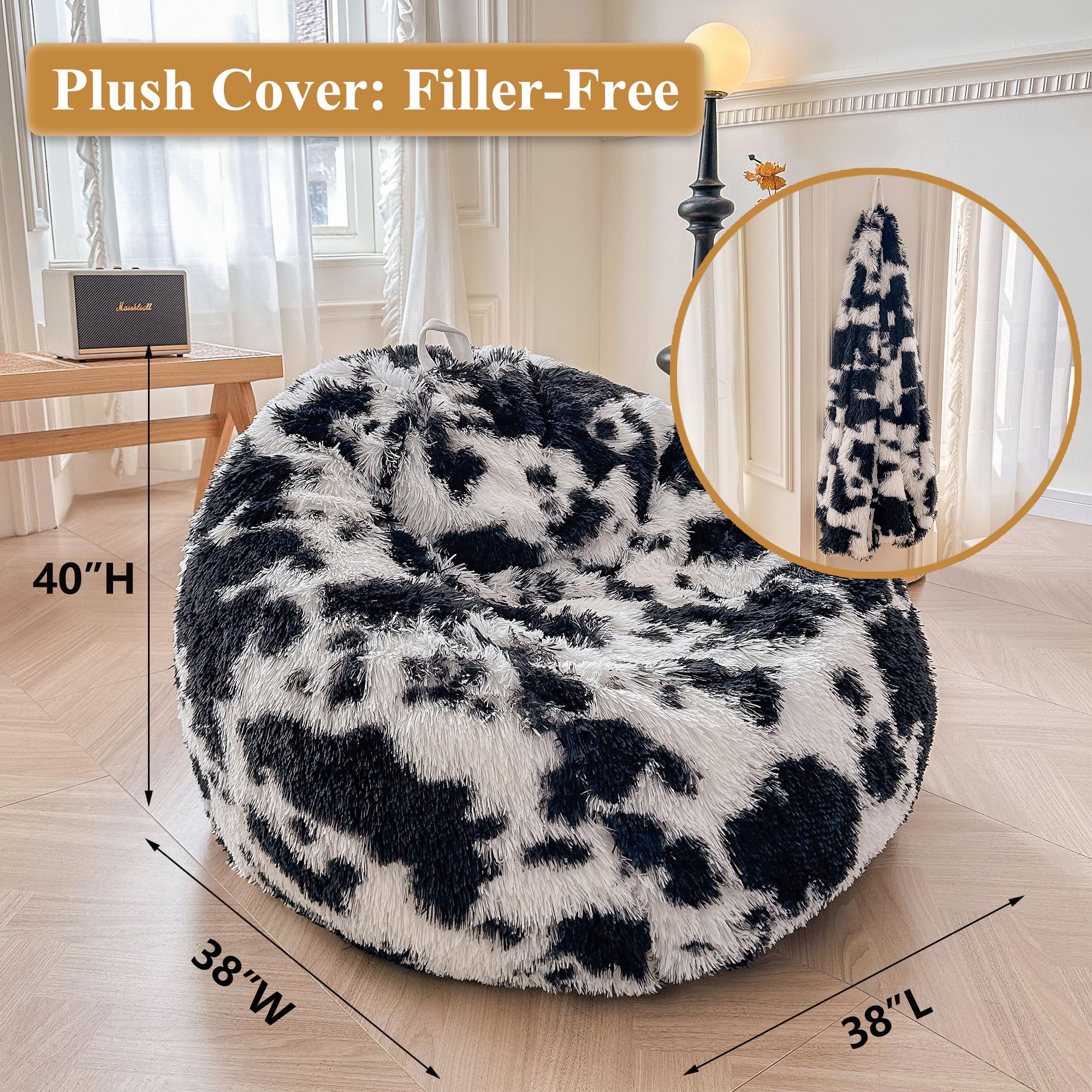 Faux Fur Leopard Print Bean Bag Chair Cover (No Filler), Fluffy Stuffed Animal Storage Cheetah Bean Bag Home Decor, Furry Fuzzy Big Beanbag Cover, Anti-Slip
