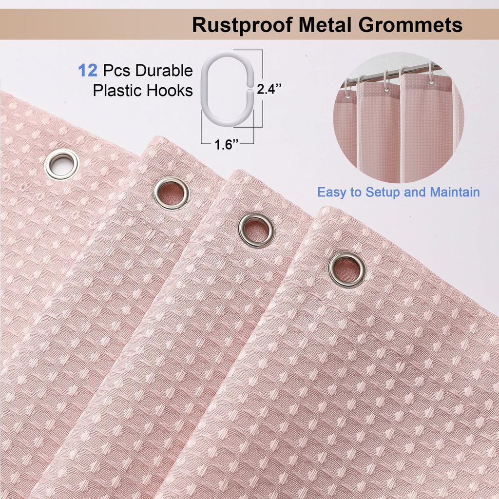 Waffle Textured Heavy Duty Fabric Shower Curtain for Bathroom, Luxury Hotel Weighted 230GSM Bath Curtain with 12 Plastic Hooks, Machine Washable, 72x72