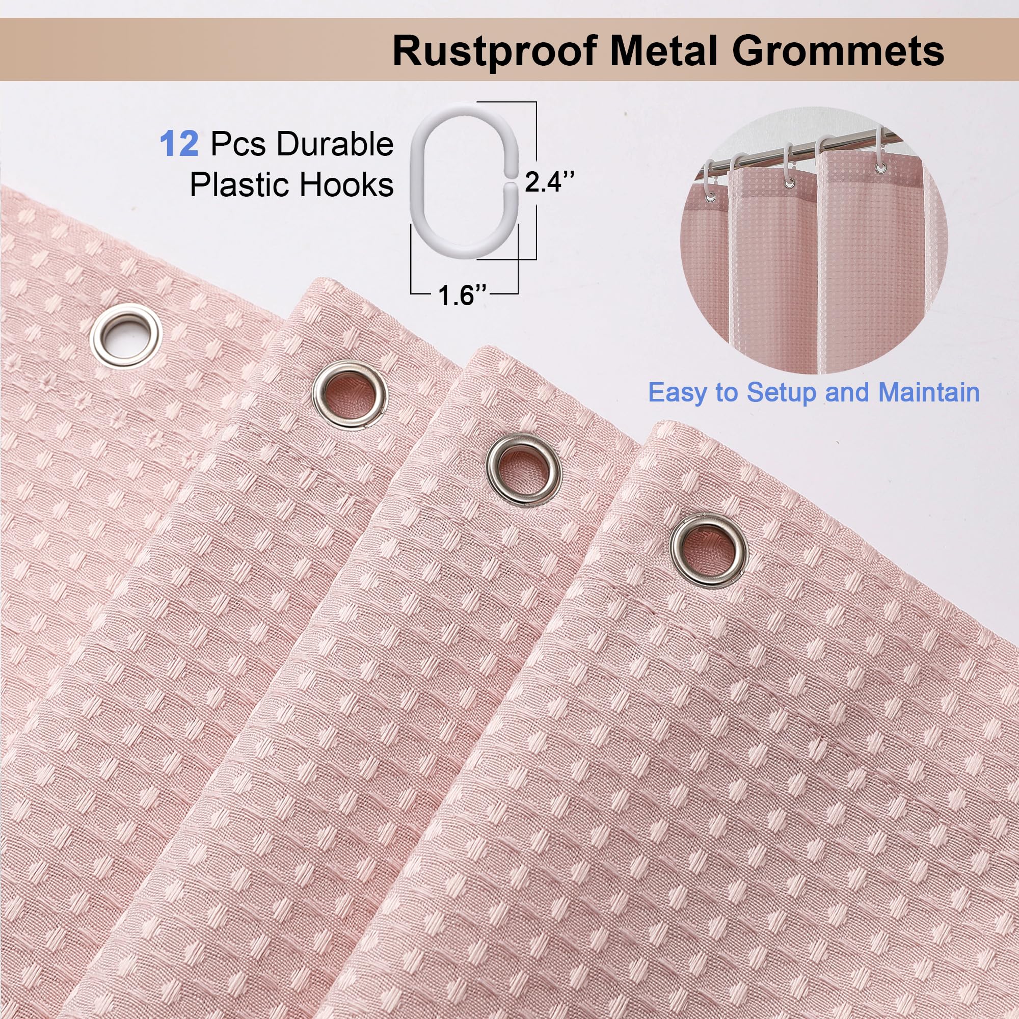 Waffle Textured Heavy Duty Fabric Shower Curtain for Bathroom, Luxury Hotel Weighted 230GSM Bath Curtain with 12 Plastic Hooks, Machine Washable, 72x72