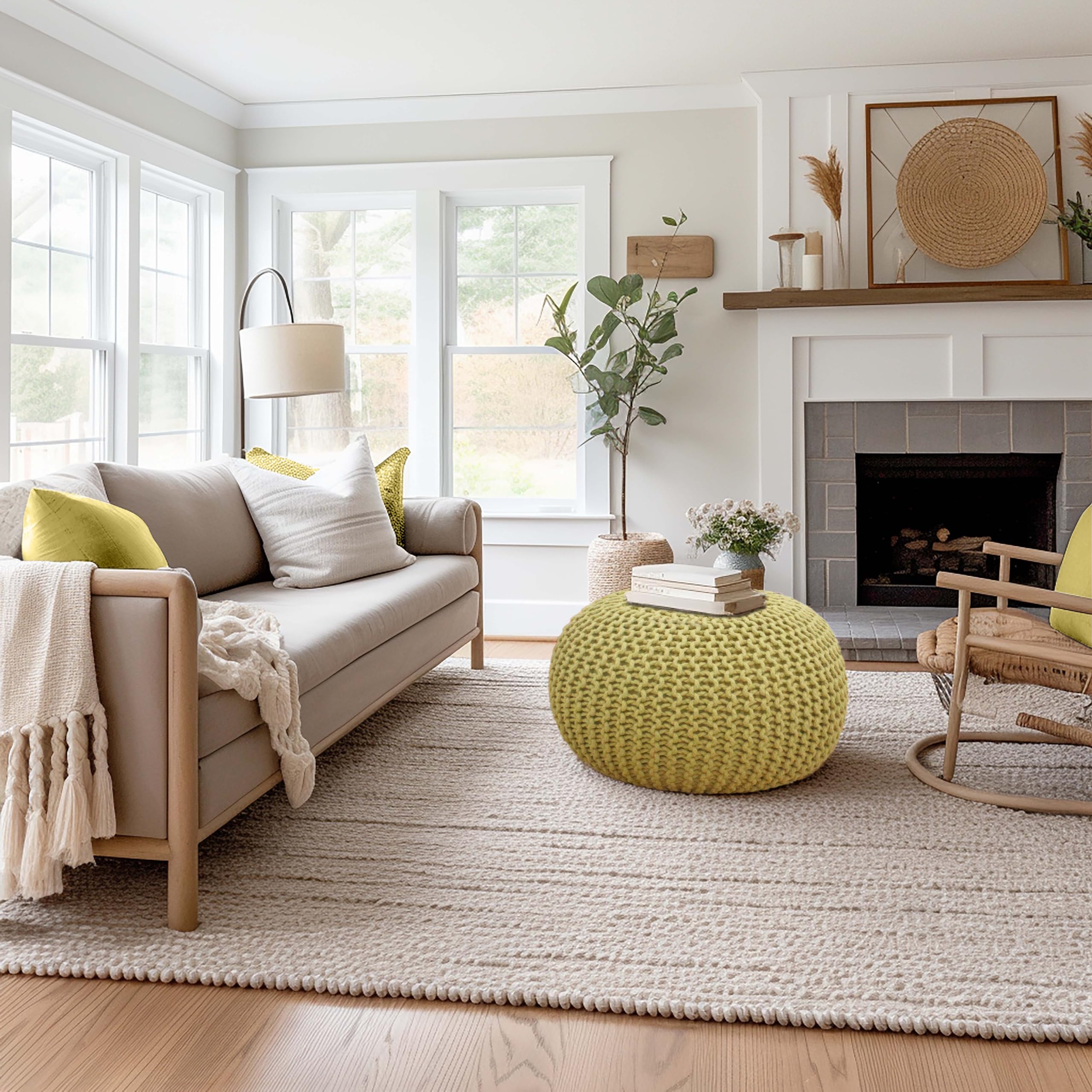 Hand-Knitted Cotton Round Pouf â€?Braid Cord Ottoman, Footrest, and Accent Seat for Living Room, Nursery, Kids Room, or Dorm Décor â€?20x14