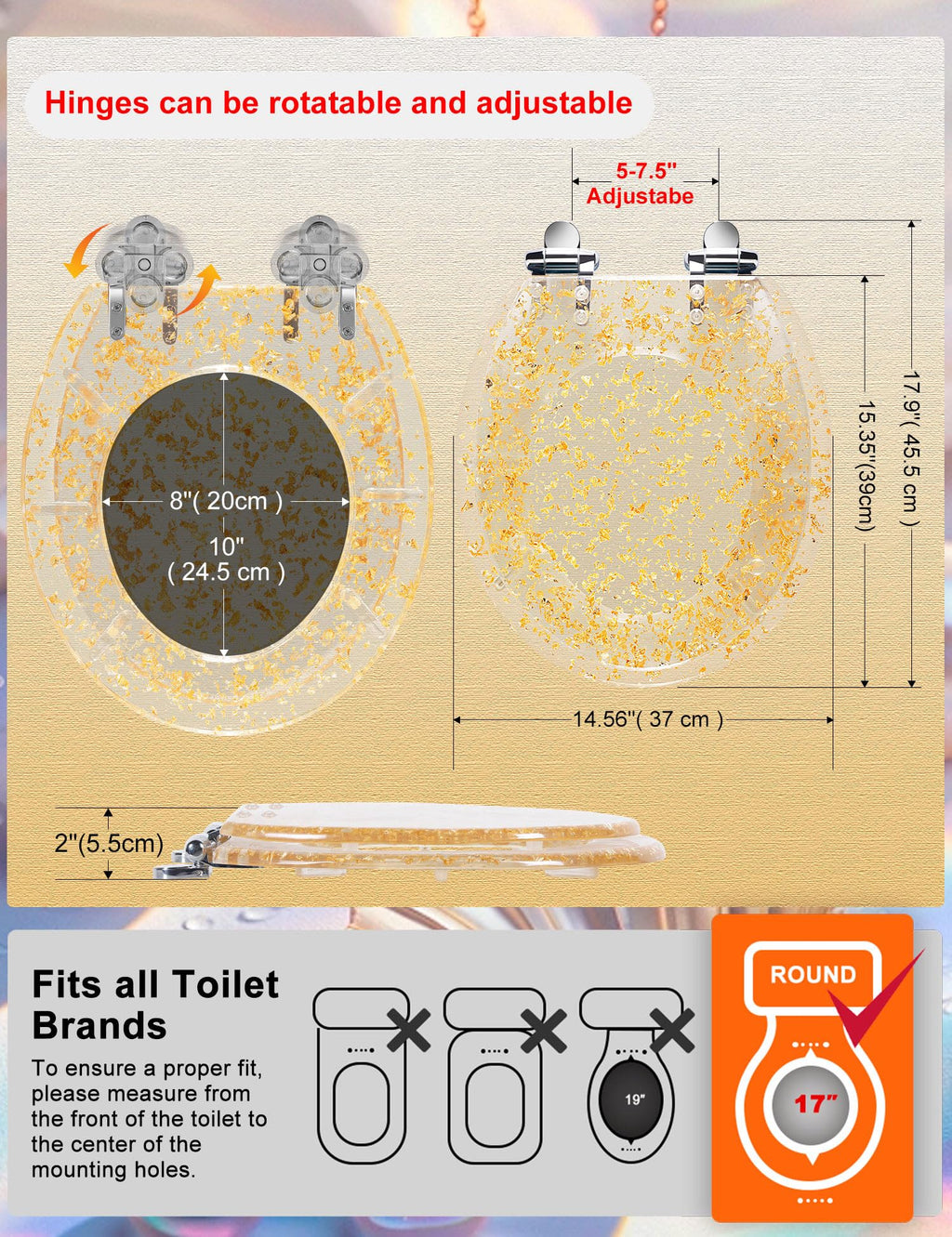 Round Resin Toilet Seat Glitter Soft Close Quick Release Metal Zinc Alloy Hinge Easy to Install also Easy to Clean, Decorative Acrylic Seats (17 Inch)