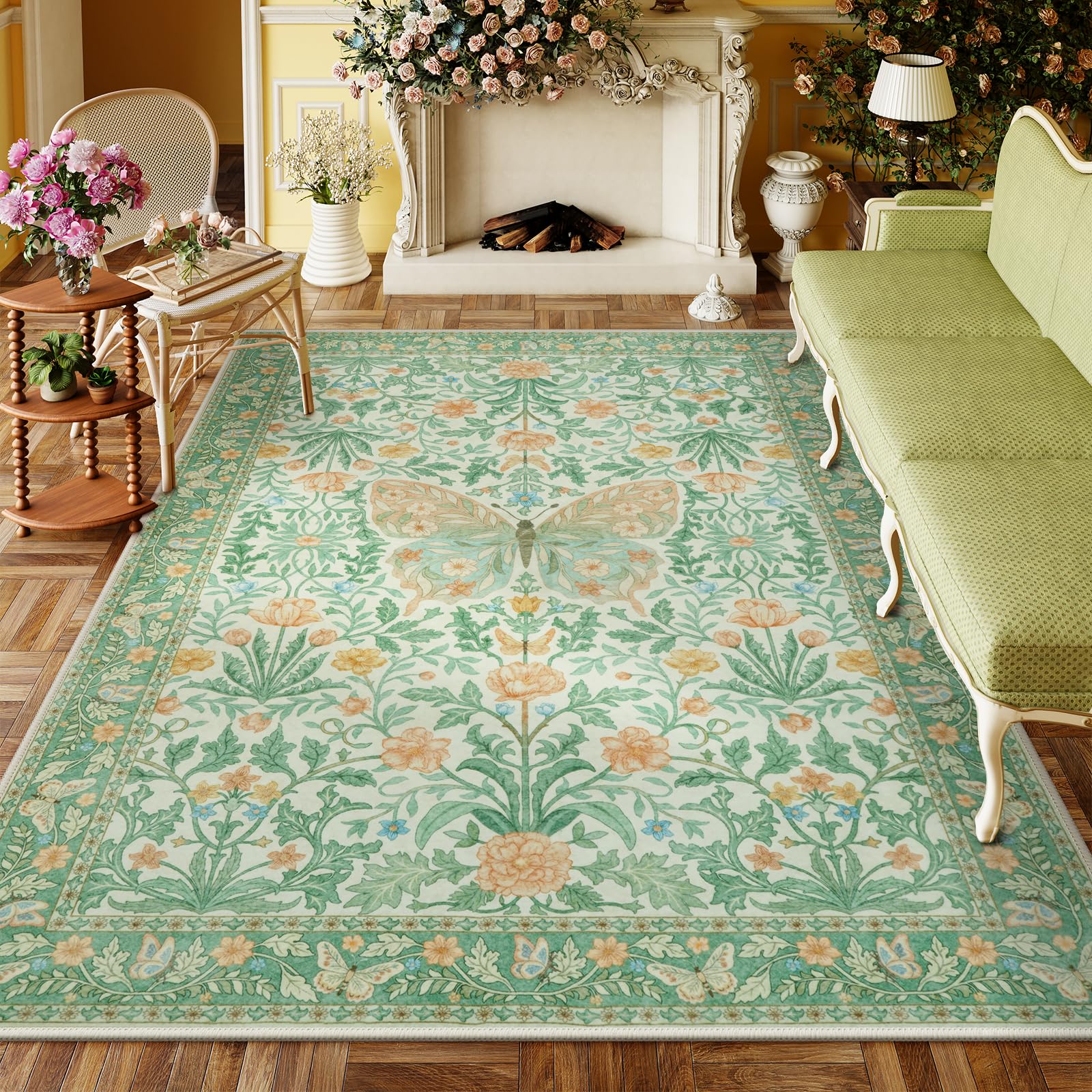 Vintage Floral Rug for Girls Bedroom Washable Non Slip, Soft Ultra Thin Boho Insect Carpet