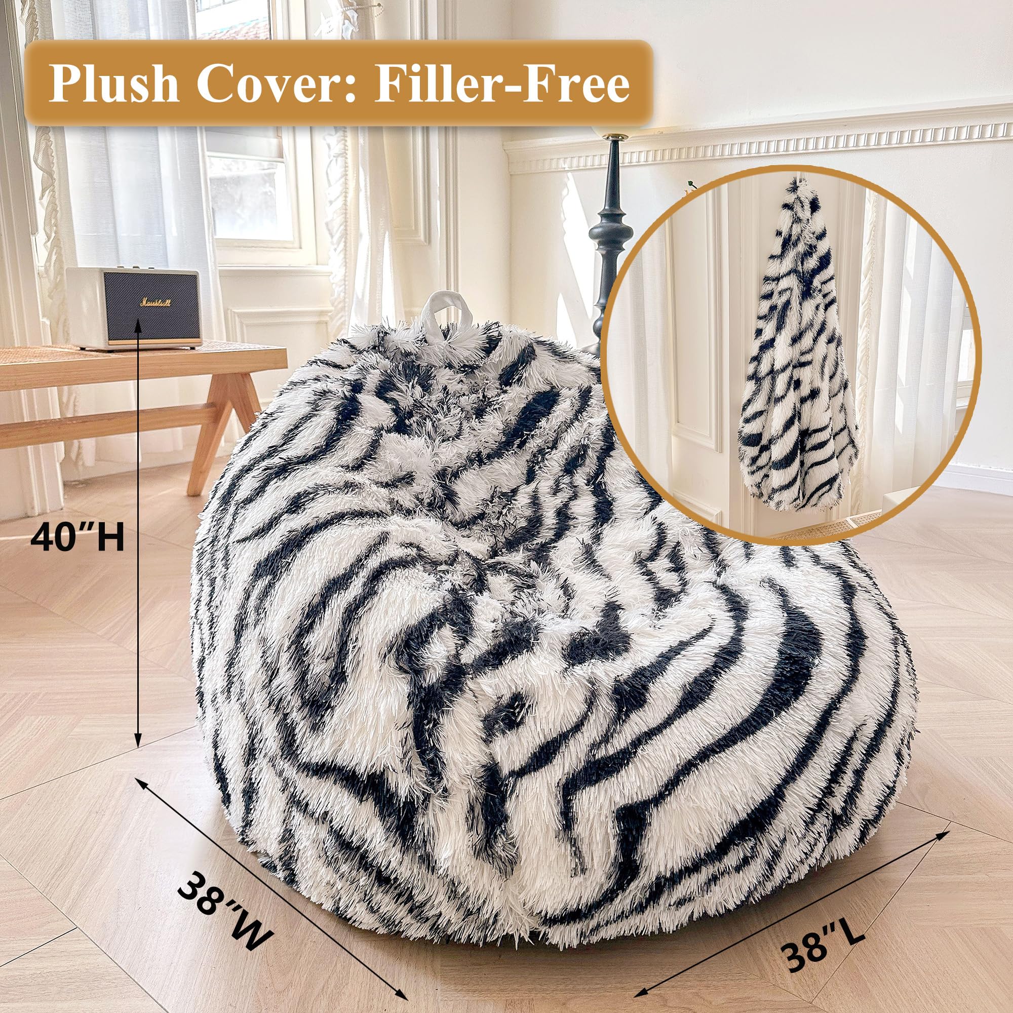 Faux Fur Leopard Print Bean Bag Chair Cover (No Filler), Fluffy Stuffed Animal Storage Cheetah Bean Bag Home Decor, Furry Fuzzy Big Beanbag Cover, Anti-Slip