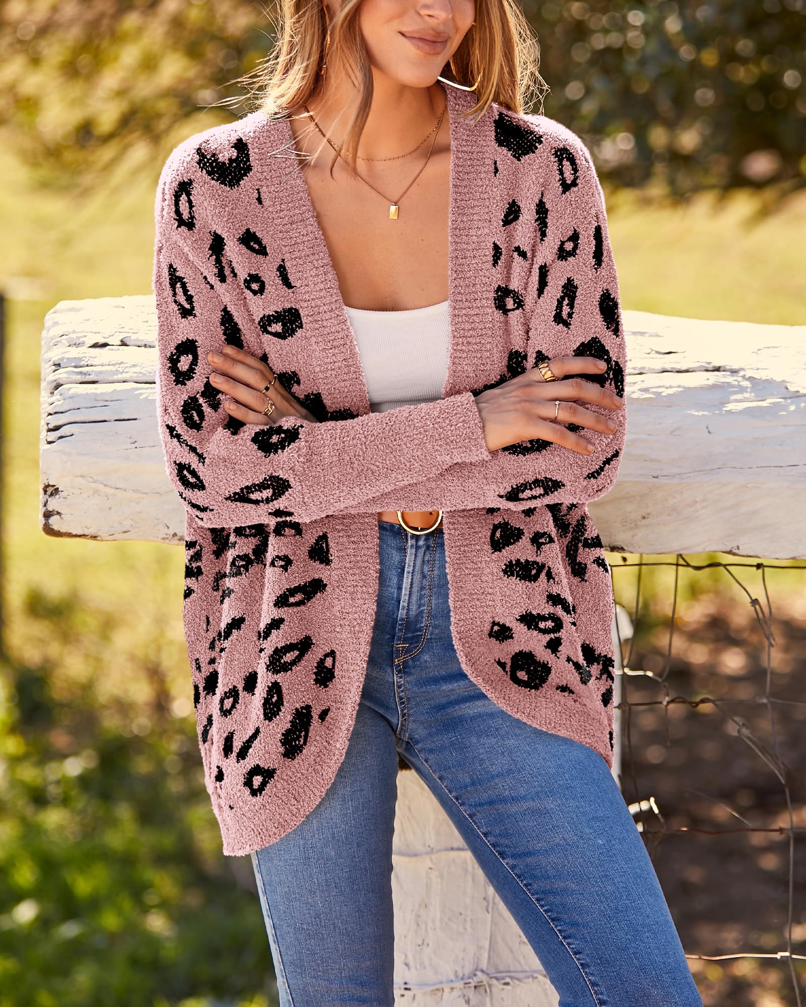 Women Fashion Leopard Print Long Sleeve Sweater Cardigan Loose Knit Open Front Fall Winter Outwear Coats