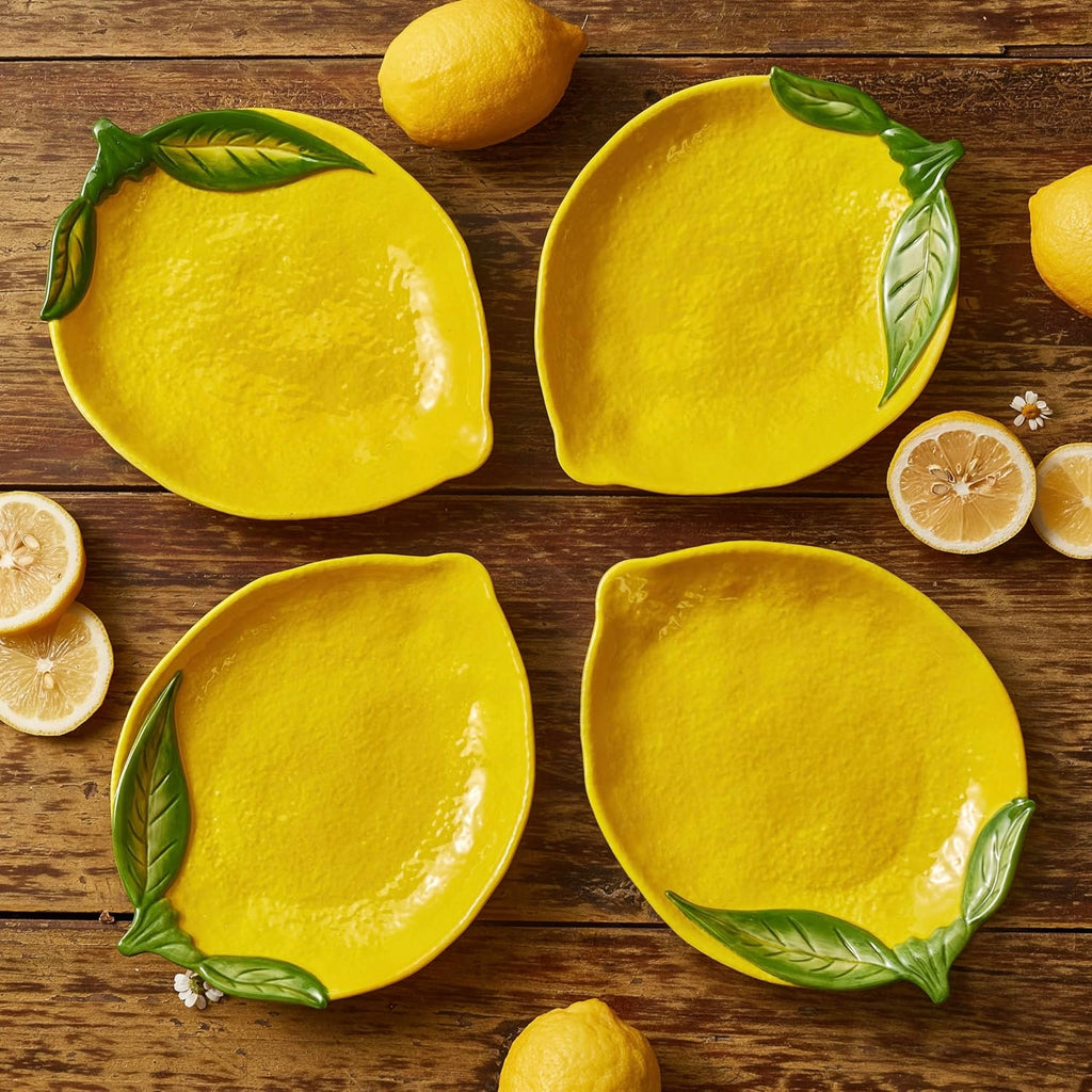 Lemon Shape Handpainted 8 inch Stoneware Salad Plates Set, Set of 4