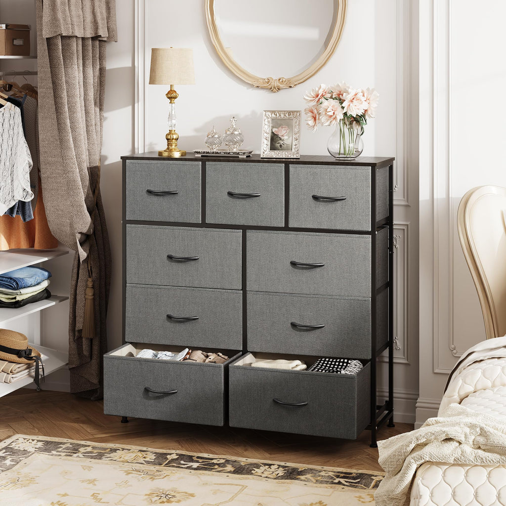 Drawer Fabric 9 Dresser â€?Tall Storage Tower with Bins, Steel Frame, and Wood Top