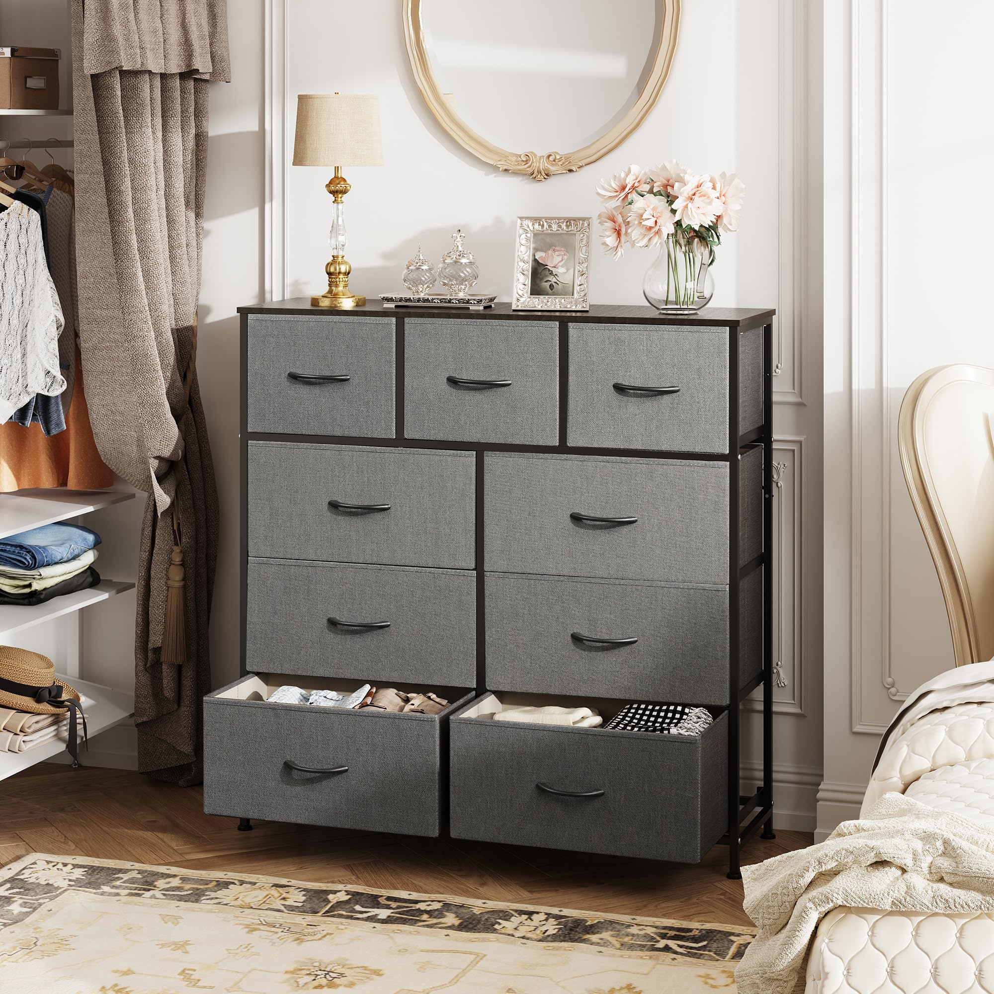 Drawer Fabric 9 Dresser â€?Tall Storage Tower with Bins, Steel Frame, and Wood Top