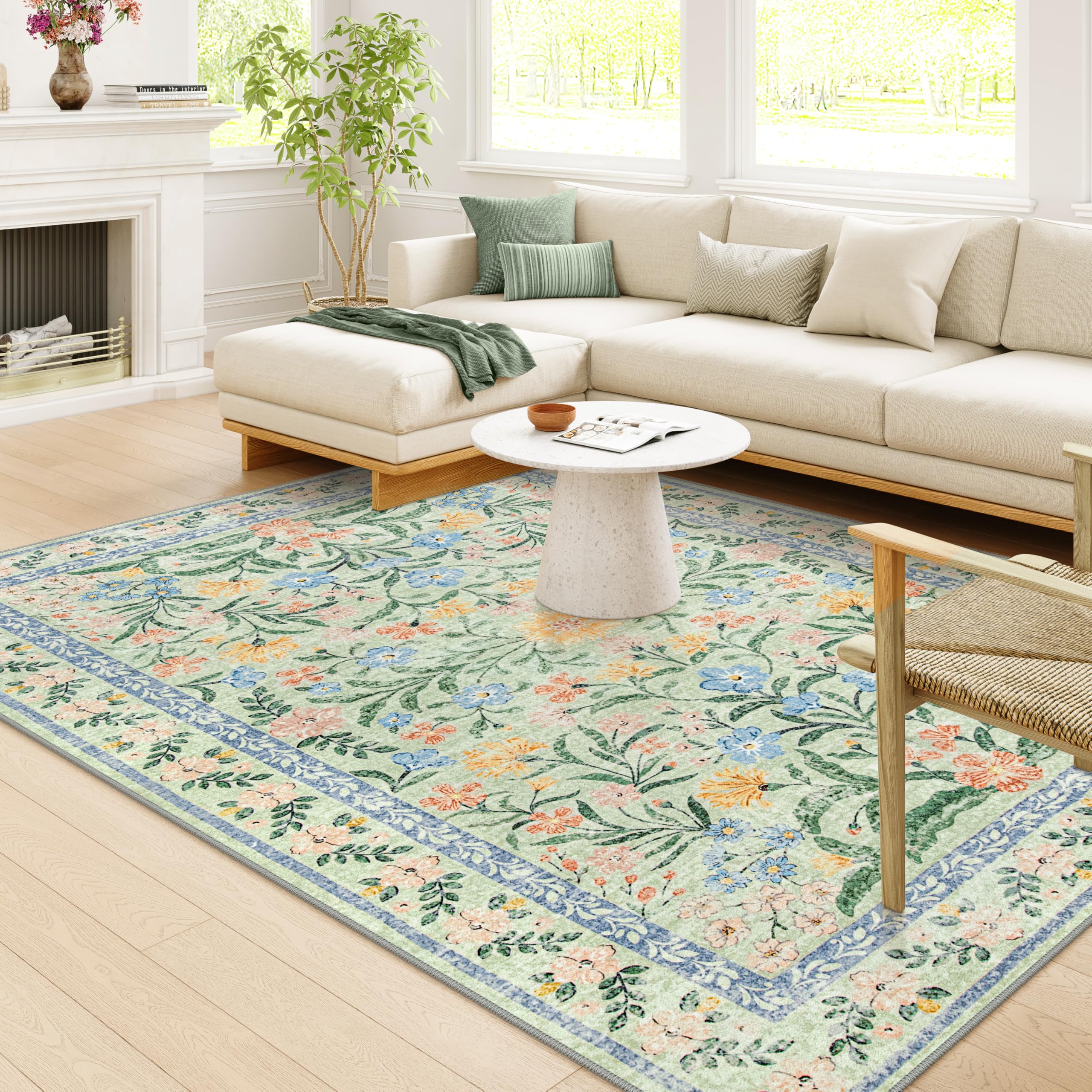 Machine Washable Boho Soft Floral Carpet Non Slip, Indoor Ultra-Thin Floor Carpet for Kid Room Living Room Dorm