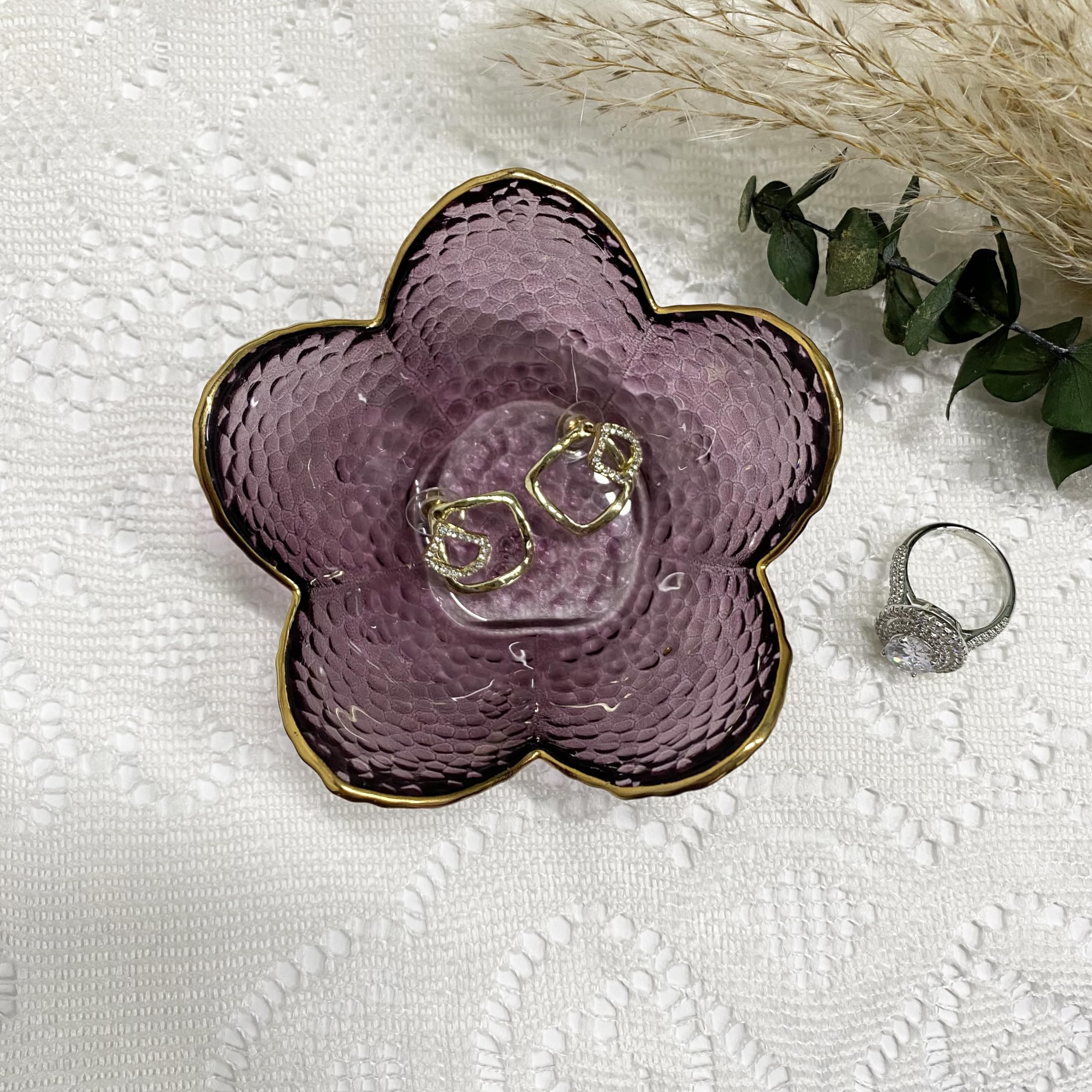 Flower Ring Dish Jewelry Tray, Decorative Glass Trinket Dish, Modern Accent Tray for Vanity Home Décor