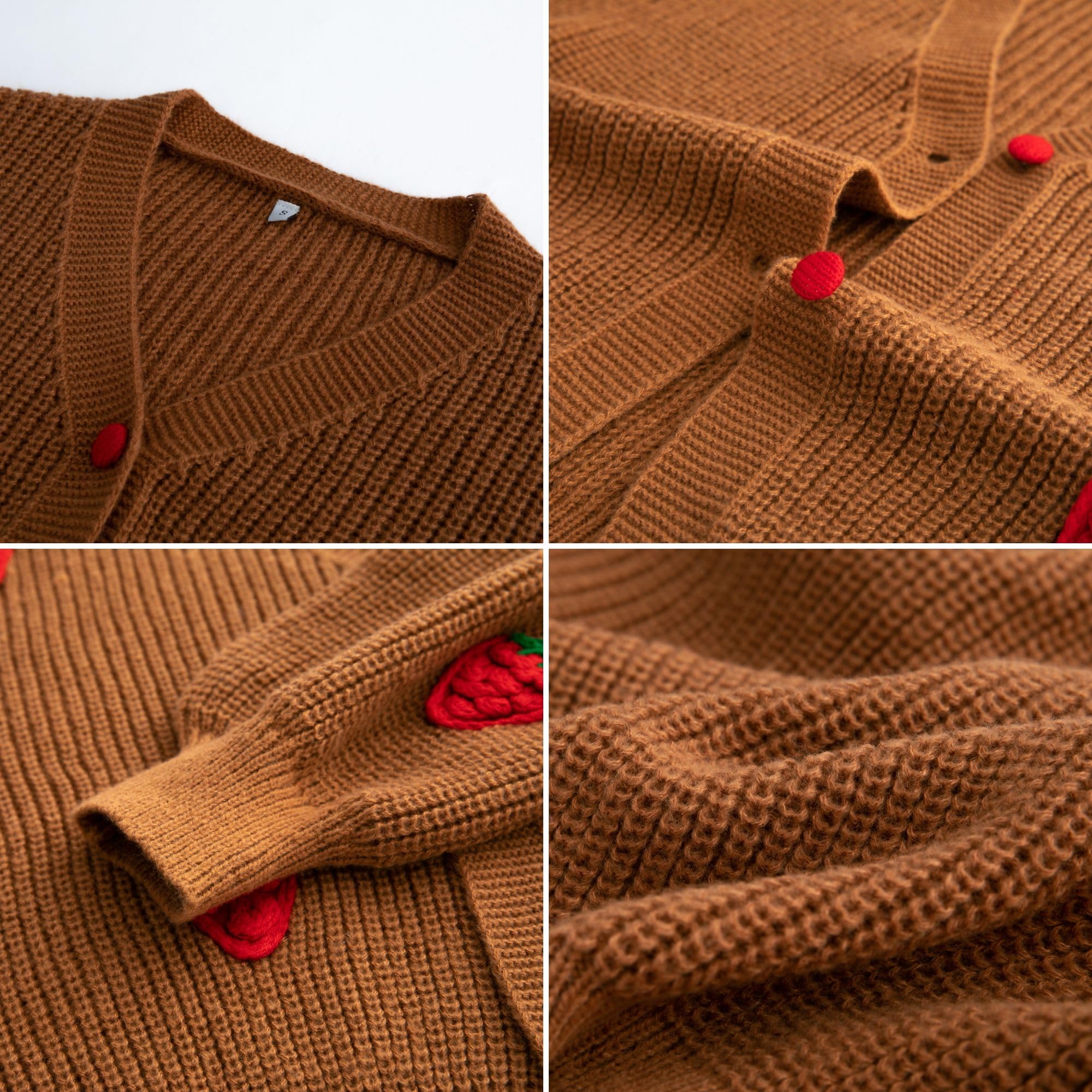 Women's Kawaii Strawberry Embroidered Cardigan Long Sleeve V Neck Chunky Knitted Cardigans