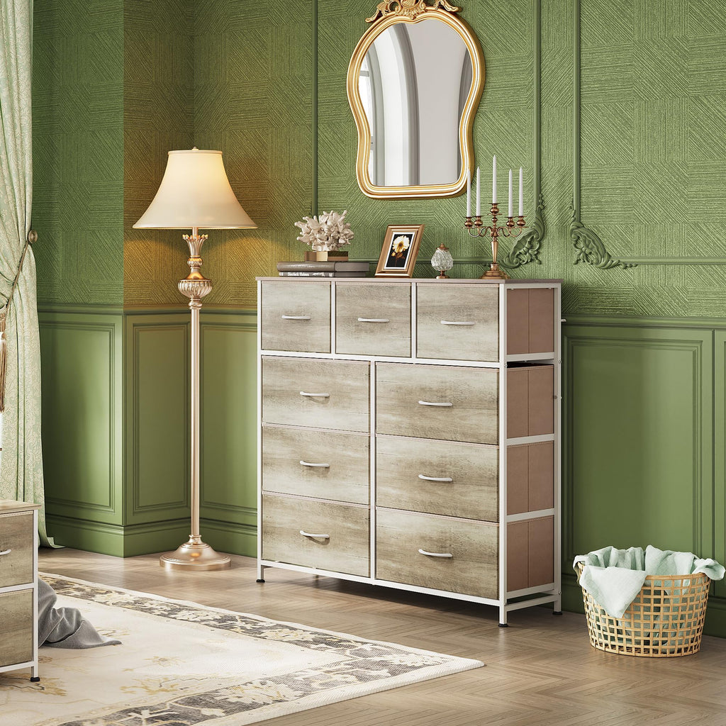 Drawer Fabric 9 Dresser â€?Tall Storage Tower with Bins, Steel Frame, and Wood Top