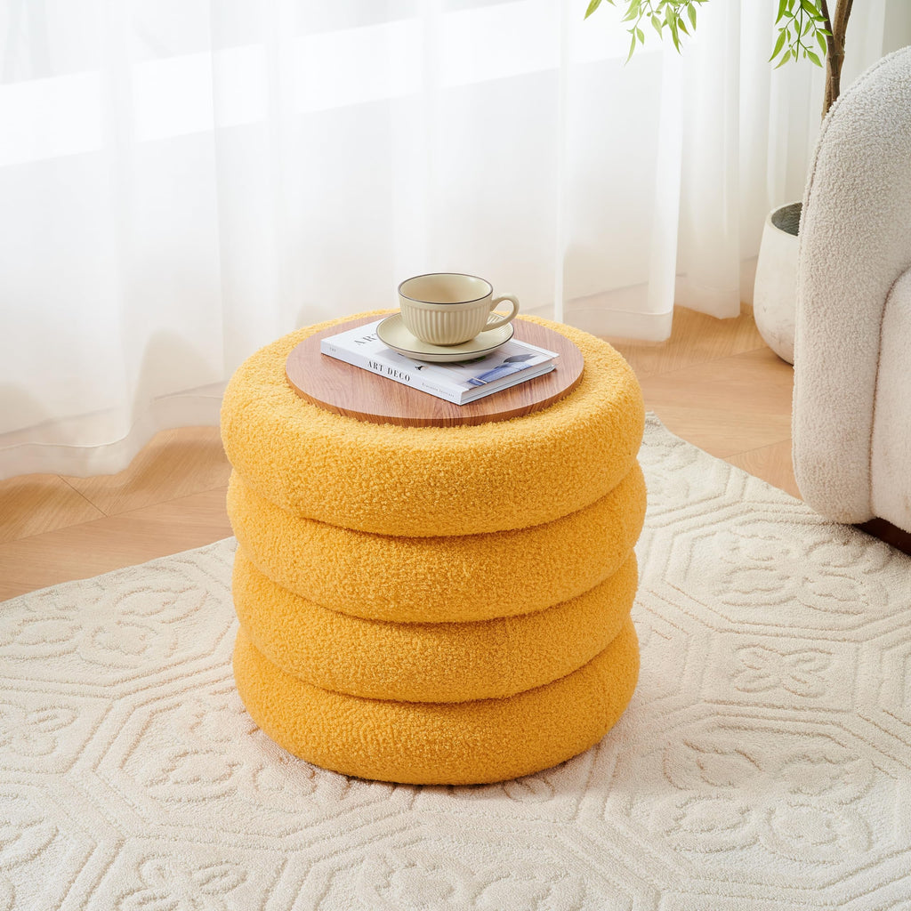 Round Storage Ottoman, Modern Sherpa Footstool with Flip-Top