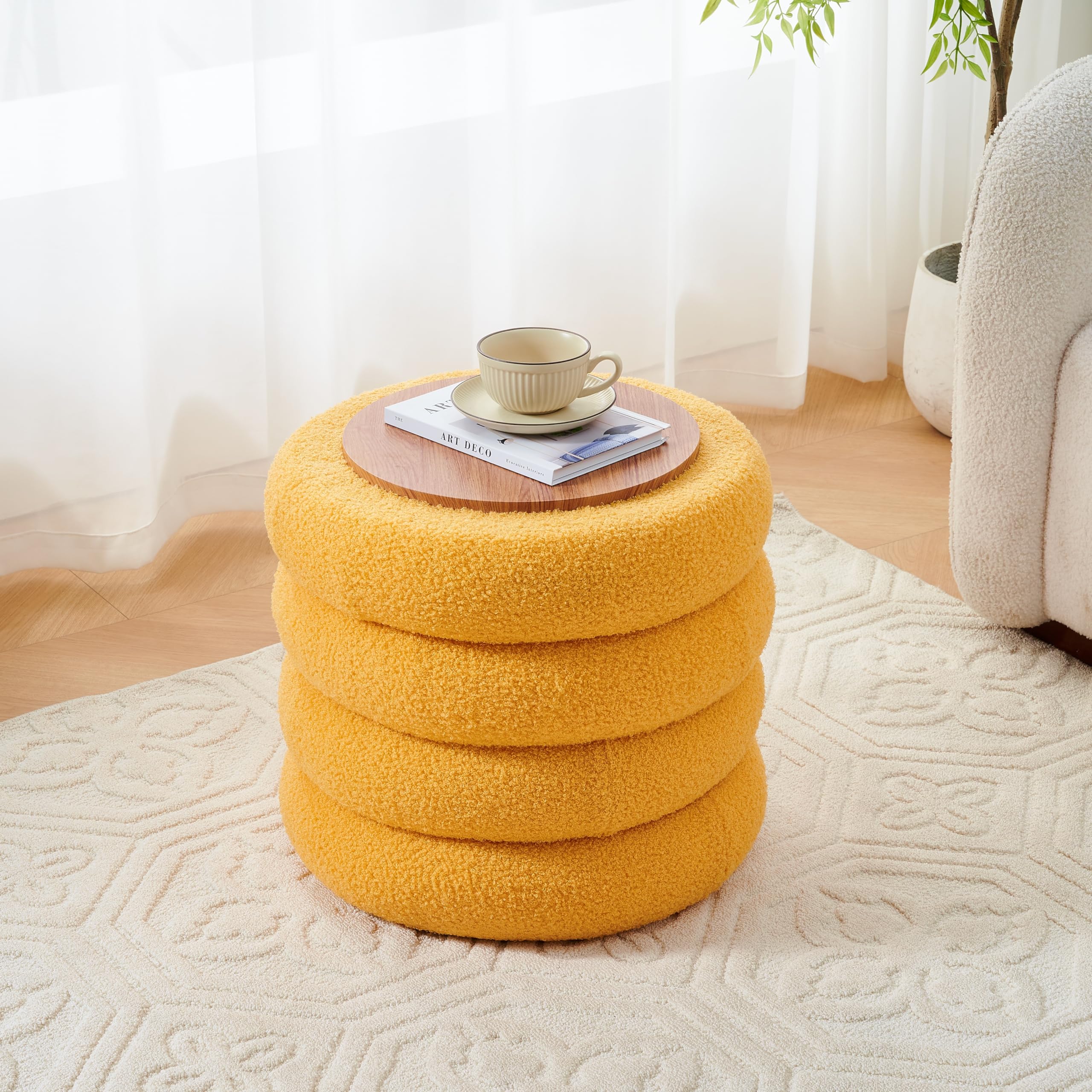 Round Storage Ottoman, Modern Sherpa Footstool with Flip-Top