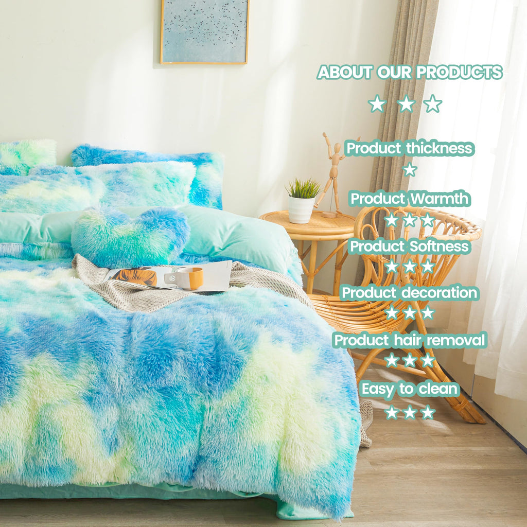 Fluffy Faux Fur Comforter Cover Set Queen - Ultra Soft Plush Bedding Sets 3 Pieces (1 Fluffy Duvet Cover + 2 Faux Fur Pillow case) Cute Bed Set