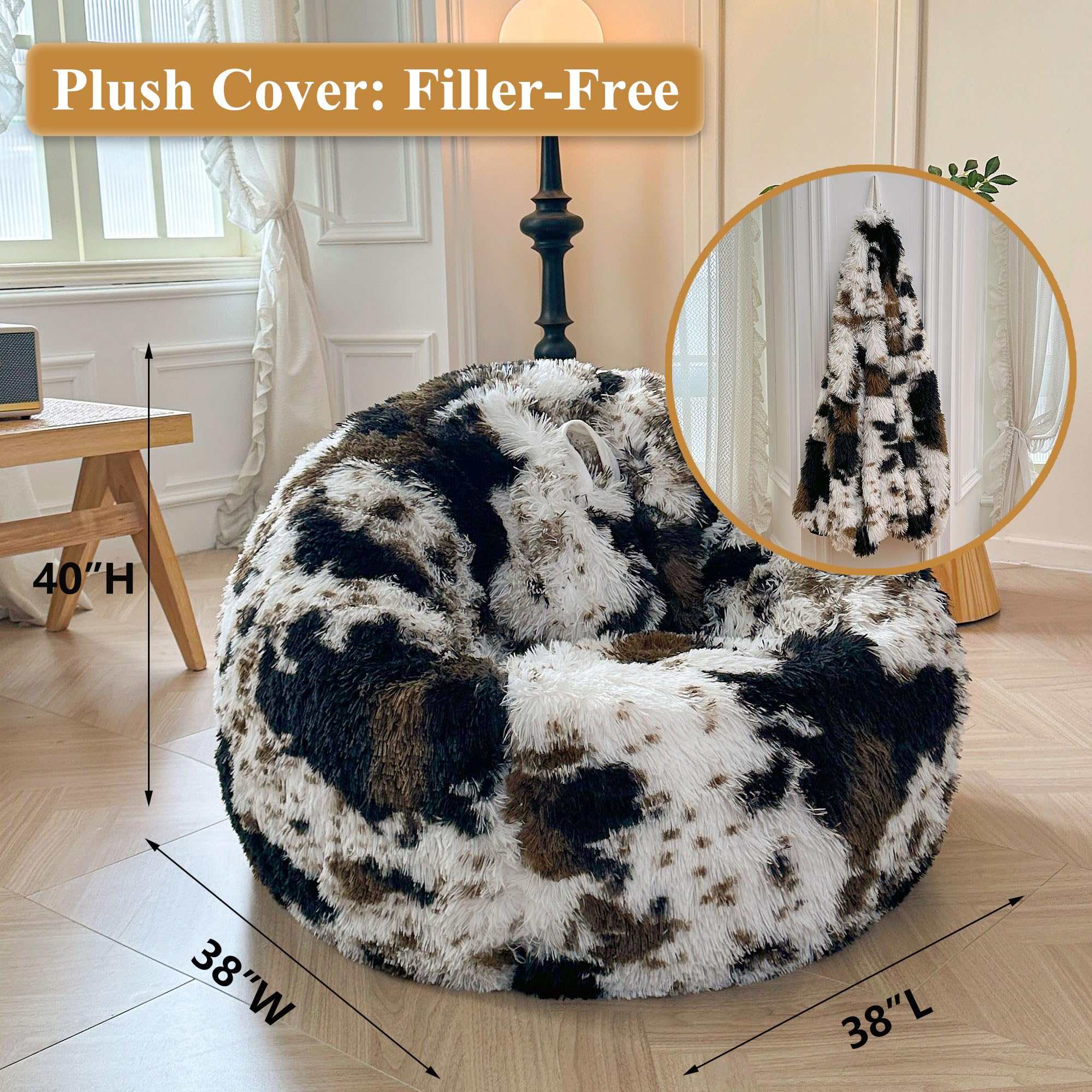Faux Fur Leopard Print Bean Bag Chair Cover (No Filler), Fluffy Stuffed Animal Storage Cheetah Bean Bag Home Decor, Furry Fuzzy Big Beanbag Cover, Anti-Slip