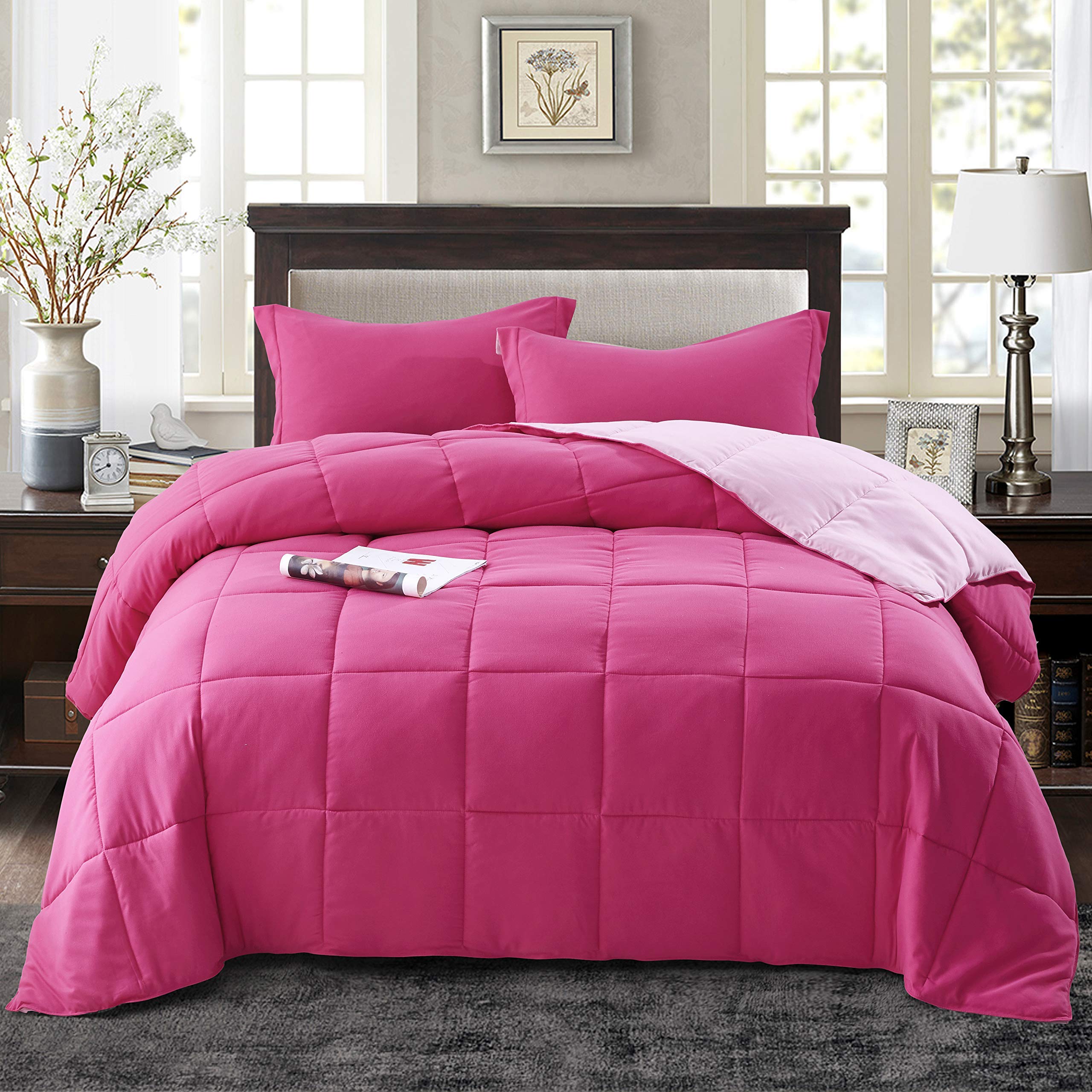 Reversible Down Alternative Comforter with Two Shams - Quilted Duvet Insert with Corner Tabs - Box Stitched Blanket - Super Soft, Fluffy