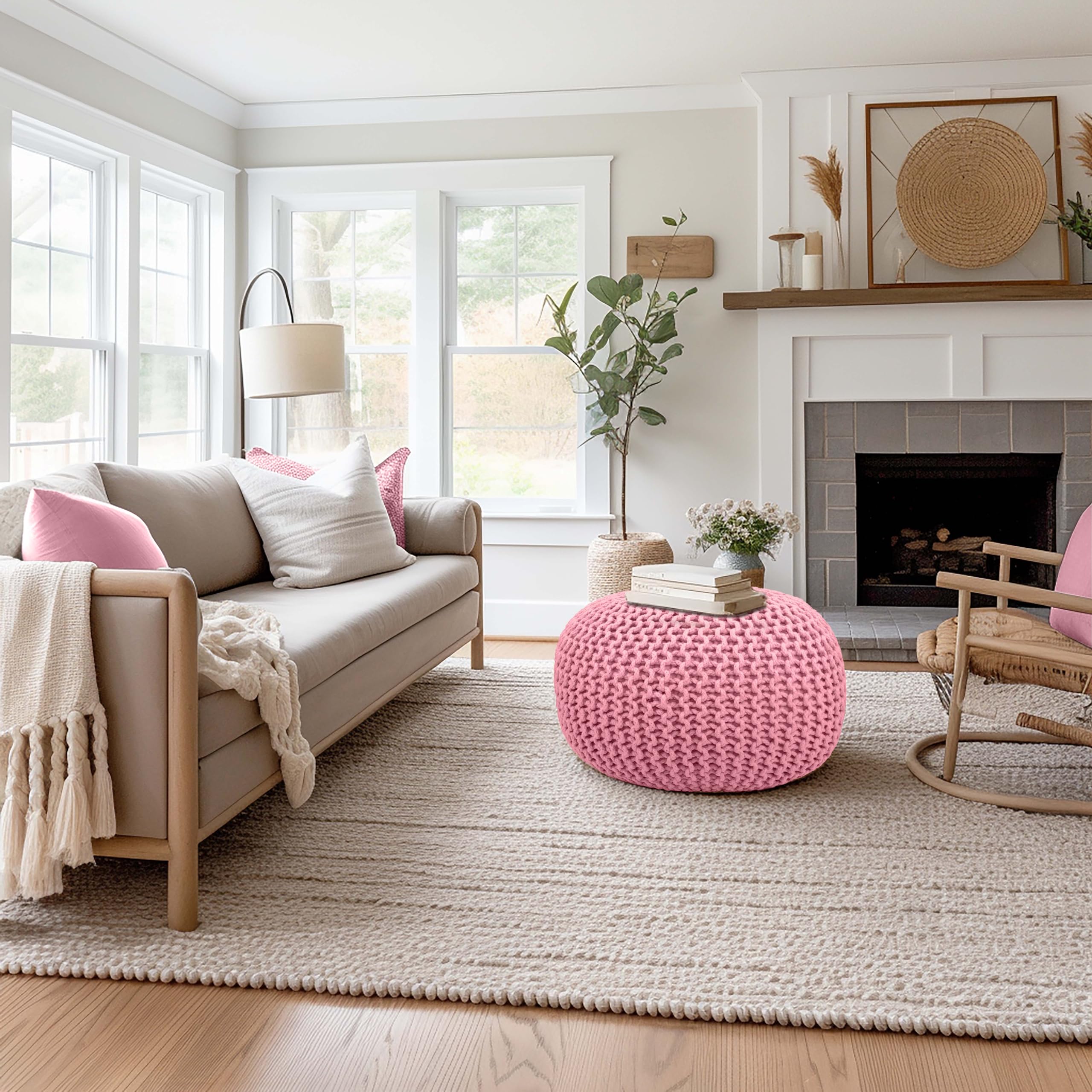 Hand-Knitted Cotton Round Pouf â€?Braid Cord Ottoman, Footrest, and Accent Seat for Living Room, Nursery, Kids Room, or Dorm Décor â€?20x14