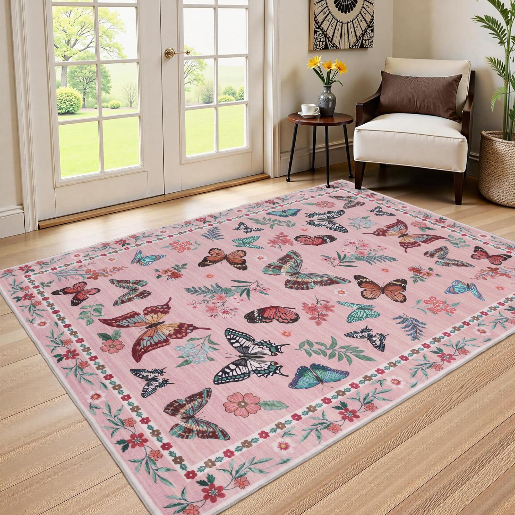 Insect Floral Area Rug, Machine Washable Area Rug Non-Slip Low Pile Large Bedroom Rug Stain Resistant Throw Rug Carpet