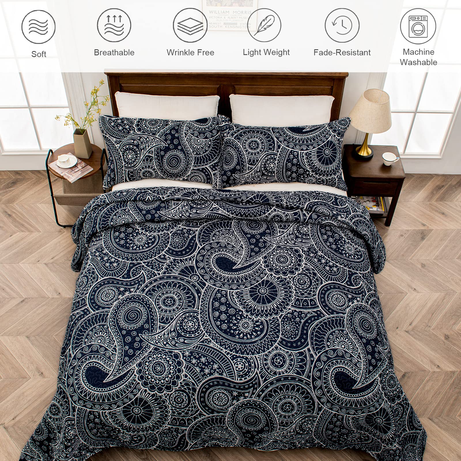 Reversible Patchwork Quilts Full Size, Lightweight Boho Printed Bedspreads Coverlets Quilt Bedding Set with 2 Pillow Shams