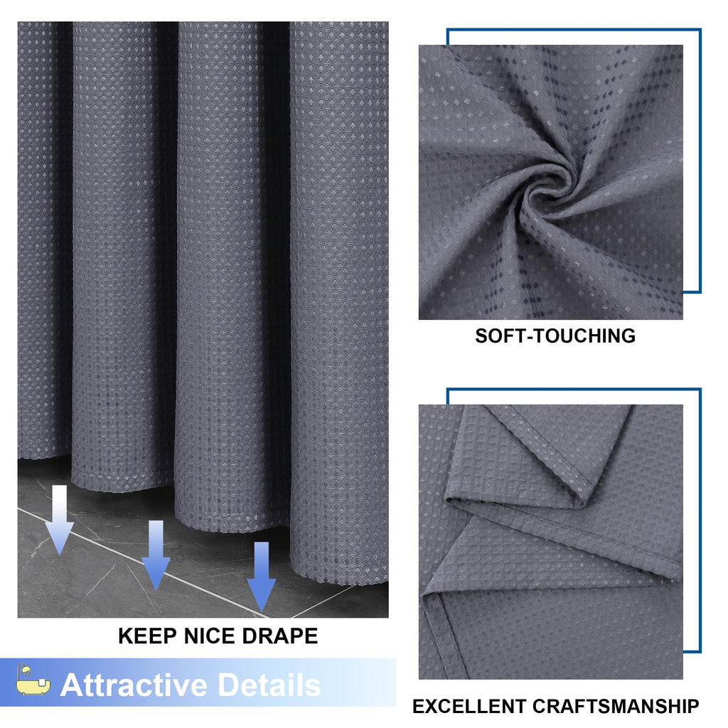 Waffle Textured Heavy Duty Fabric Shower Curtain for Bathroom, Luxury Hotel Weighted 230GSM Bath Curtain with 12 Plastic Hooks, Machine Washable, 72x72