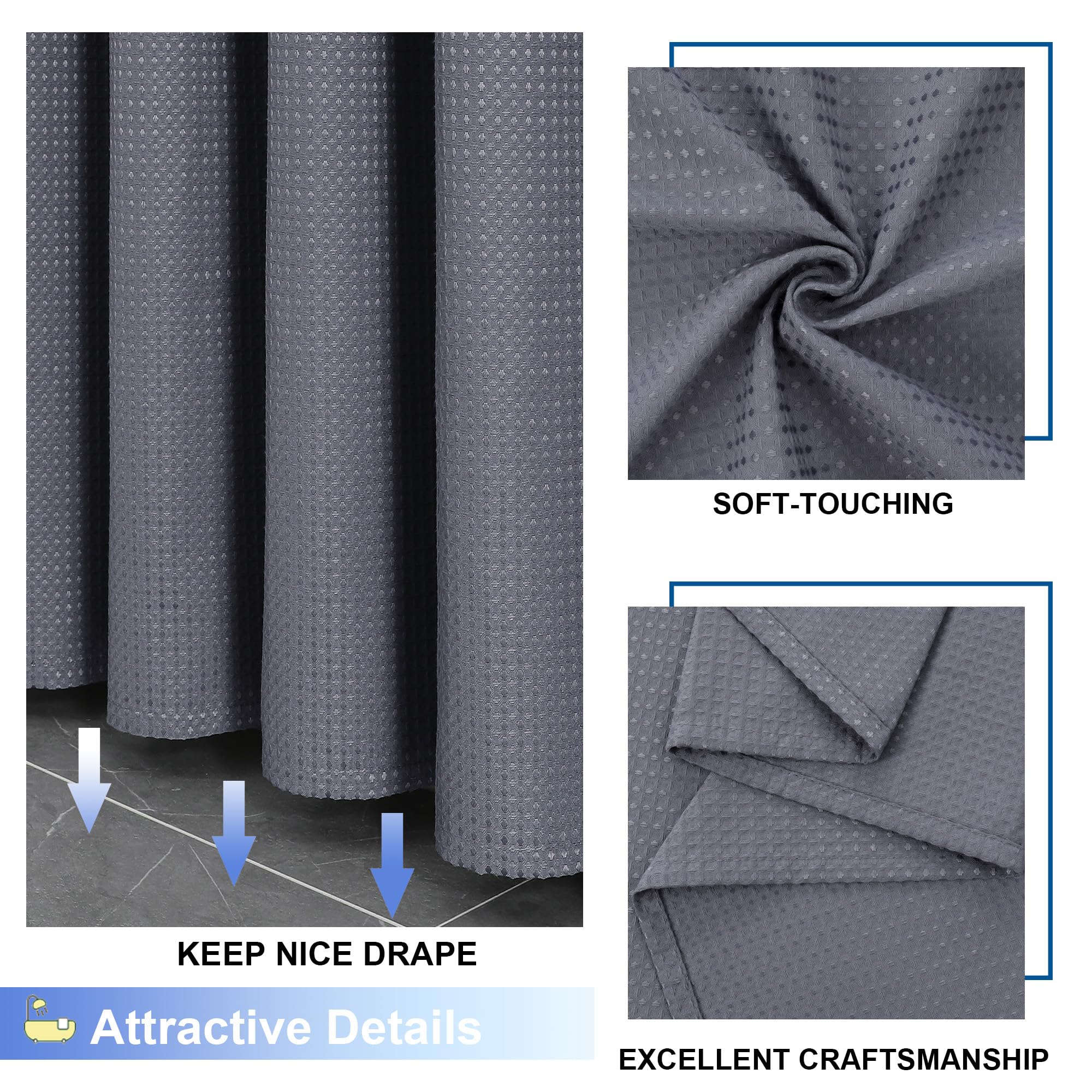 Waffle Textured Heavy Duty Fabric Shower Curtain for Bathroom, Luxury Hotel Weighted 230GSM Bath Curtain with 12 Plastic Hooks, Machine Washable, 72x72