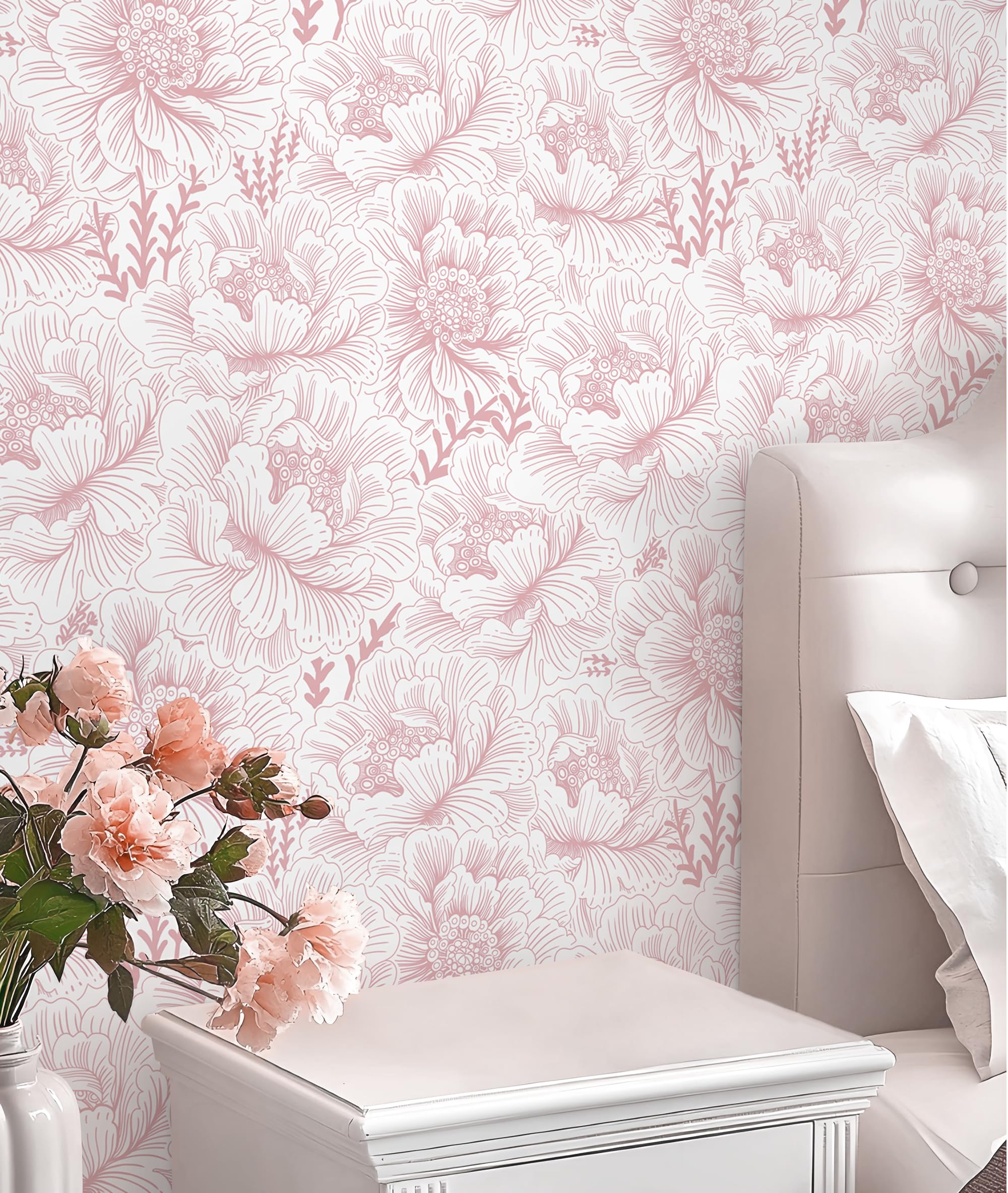 Floral Peel and Stick Wallpaper Boho Contact Paper Pink and White Self Adhesive Removable Wallpaper