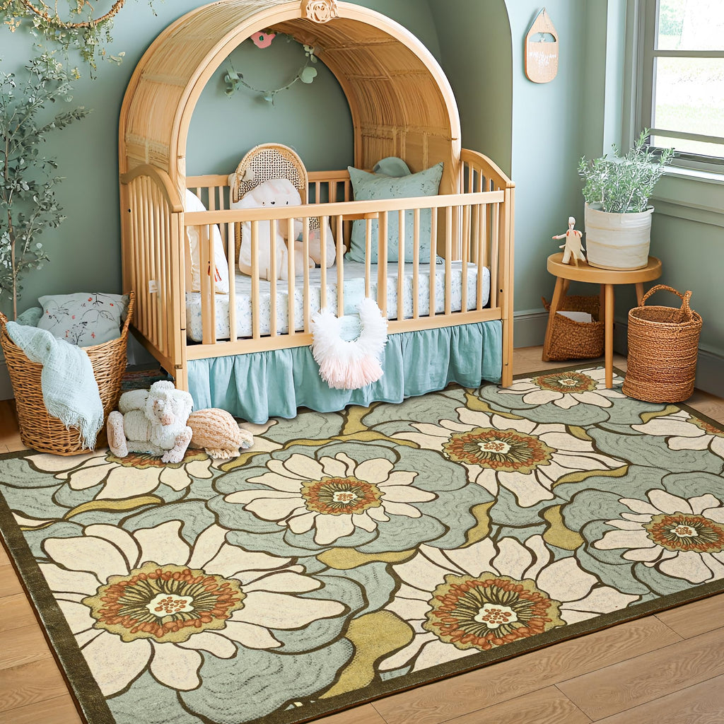 Faux Wool Boho Floral Area Rug Abstract Print Soft Carpet, TPR Non-Slip Backing, Machine Washable Low Pile Rug