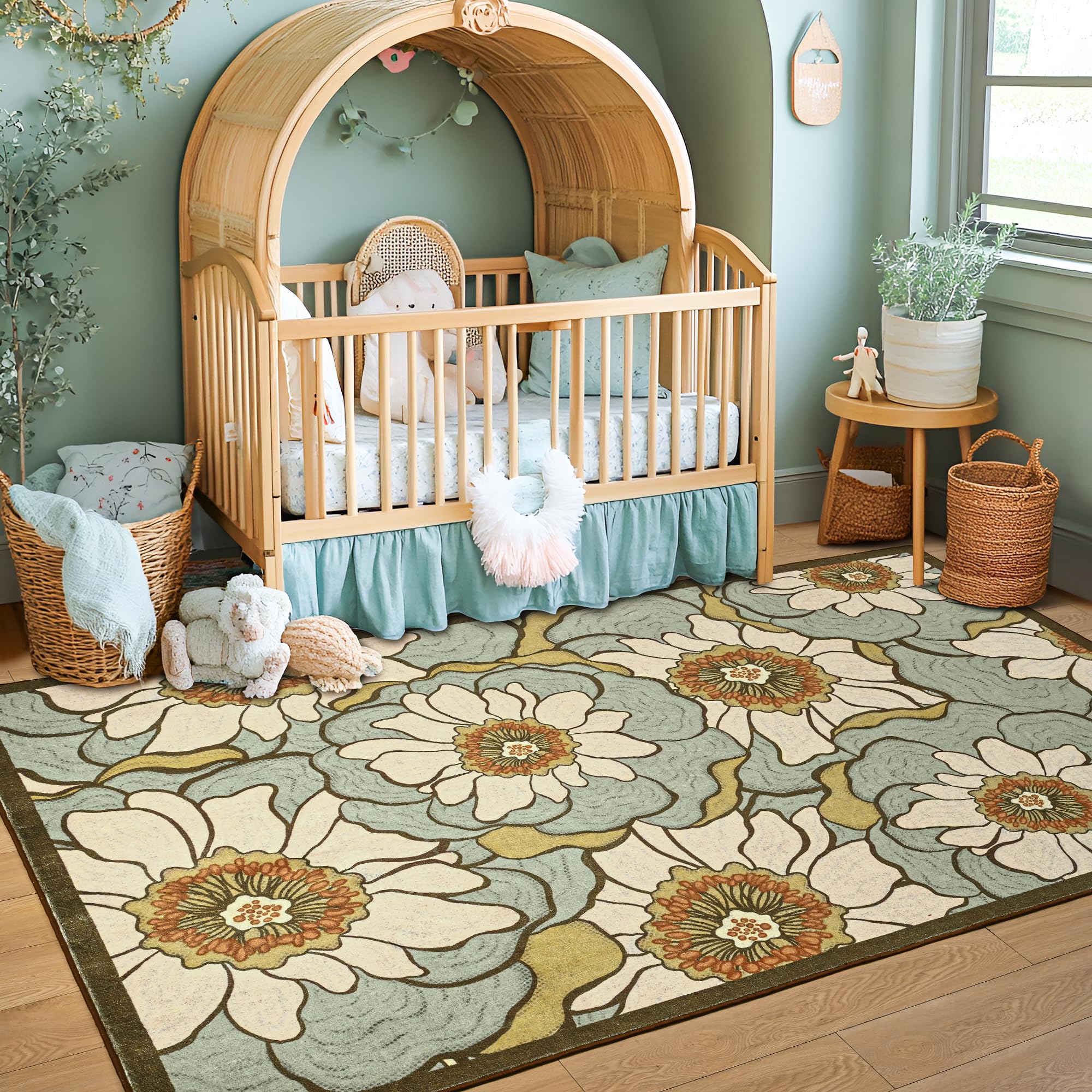 Faux Wool Boho Floral Area Rug Abstract Print Soft Carpet, TPR Non-Slip Backing, Machine Washable Low Pile Rug