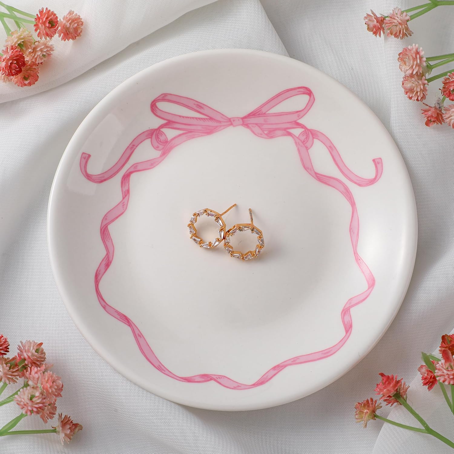 Pink Coquette Bow Dish White Round Ceramic Trinket Dish