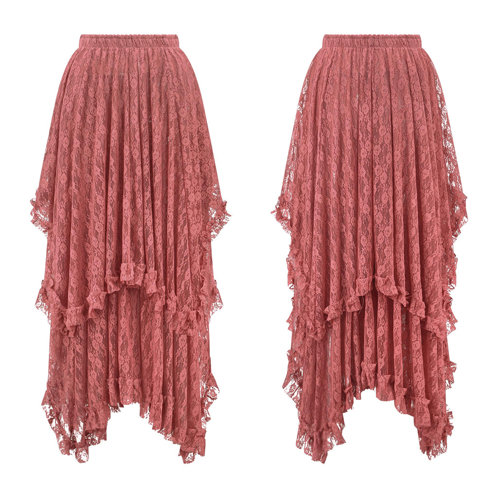 Women Lace Long Skirts Summer Elastic Asymmetrical Layered Hem Sexy See-Through Beach Floral Maxi Skirts