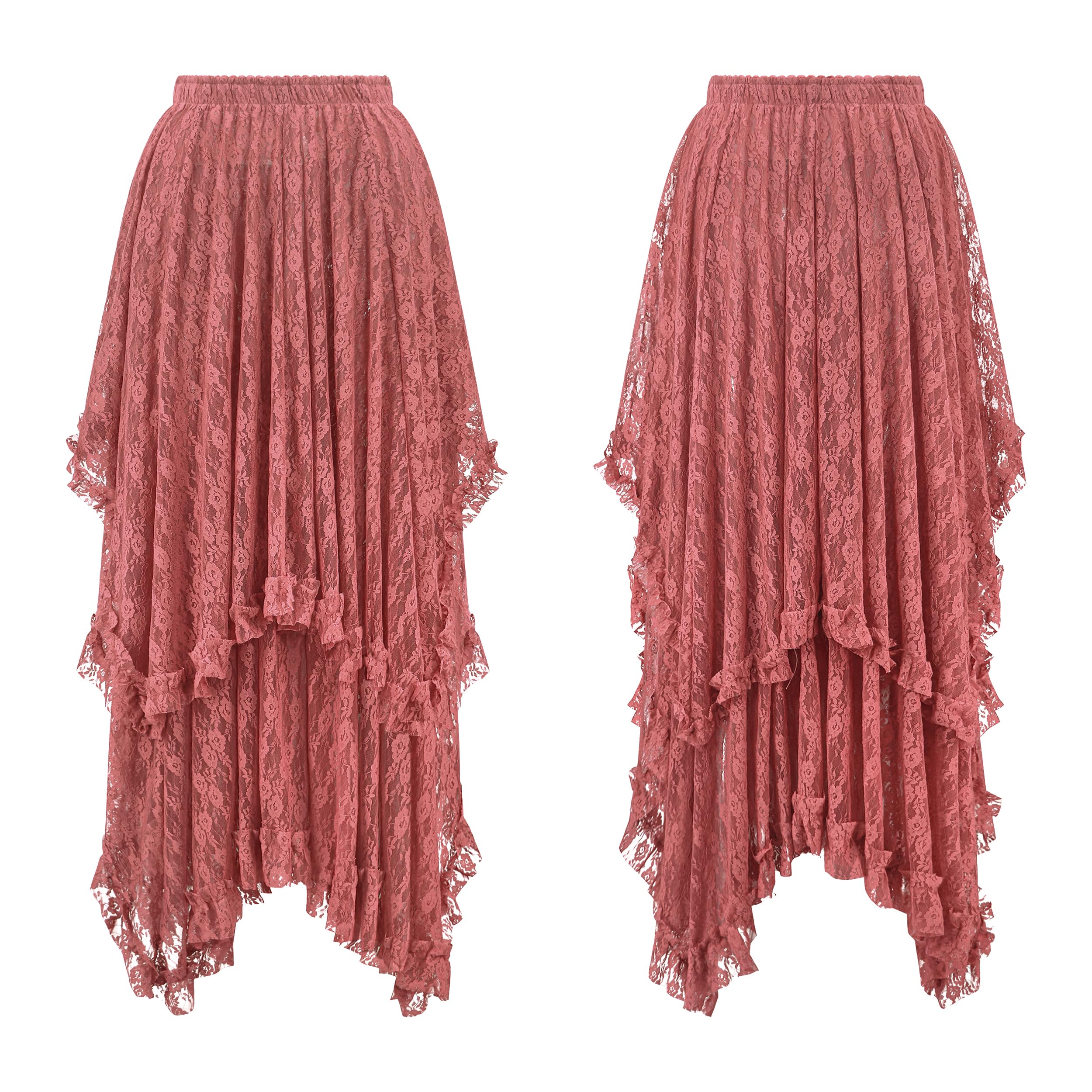 Women Lace Long Skirts Summer Elastic Asymmetrical Layered Hem Sexy See-Through Beach Floral Maxi Skirts