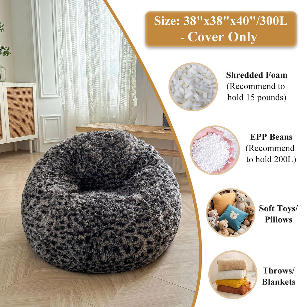Faux Fur Leopard Print Bean Bag Chair Cover (No Filler), Fluffy Stuffed Animal Storage Cheetah Bean Bag Home Decor, Furry Fuzzy Big Beanbag Cover, Anti-Slip